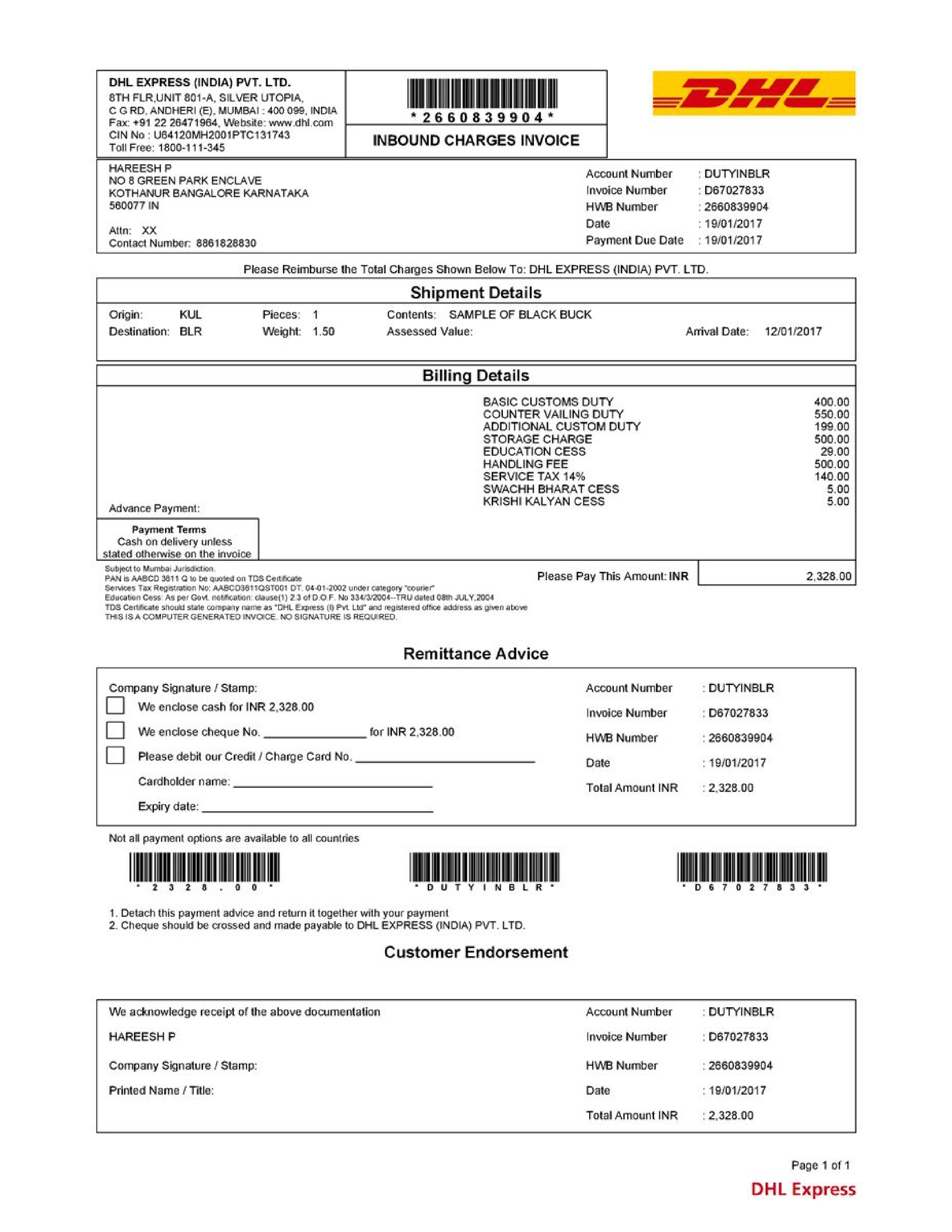 DHL Inbound Charges Invoice — page 1