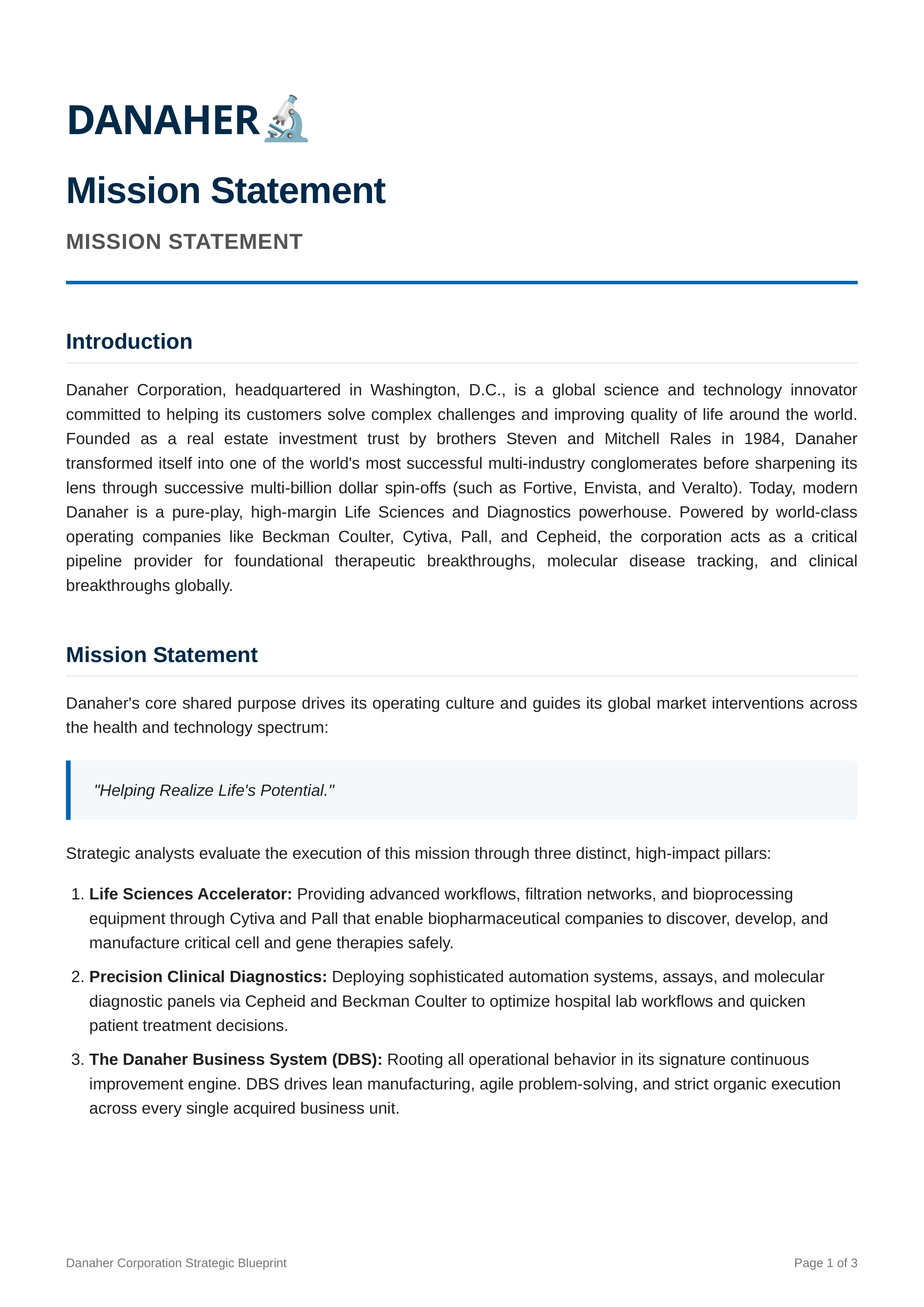 Danaher Mission Statement — page 1