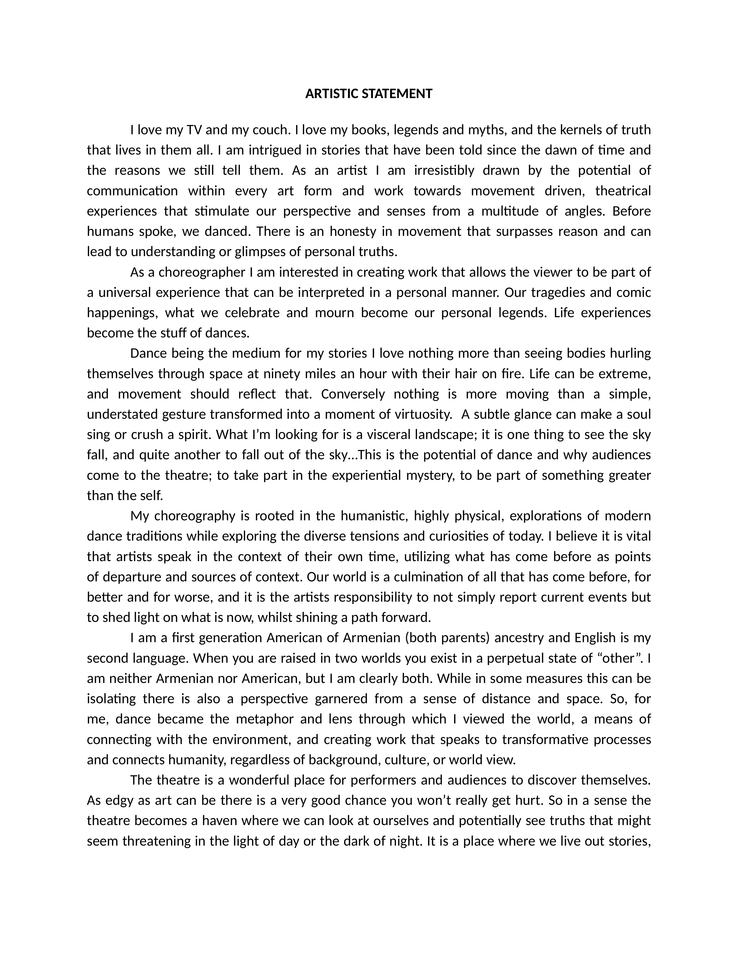 Dance Artist Statement — page 1