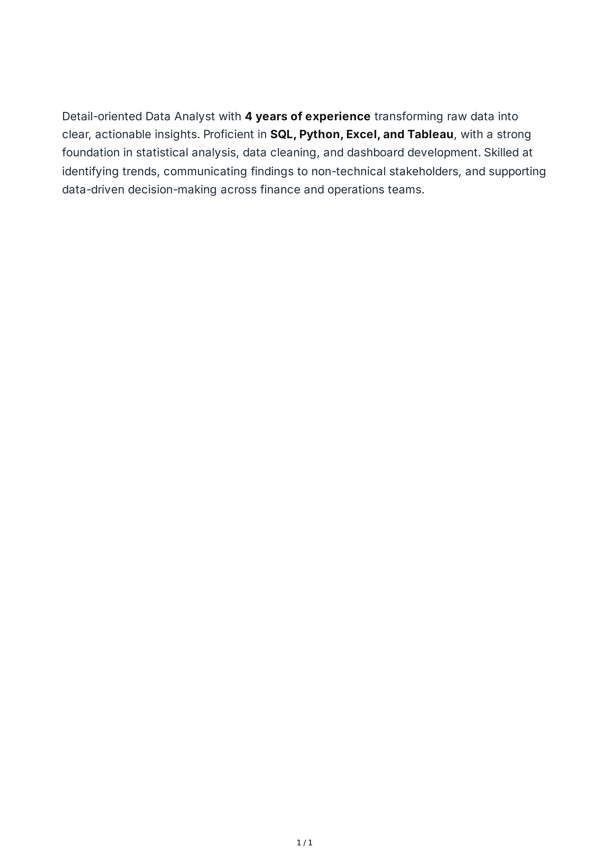 Data Analyst Resume Summary — page 1