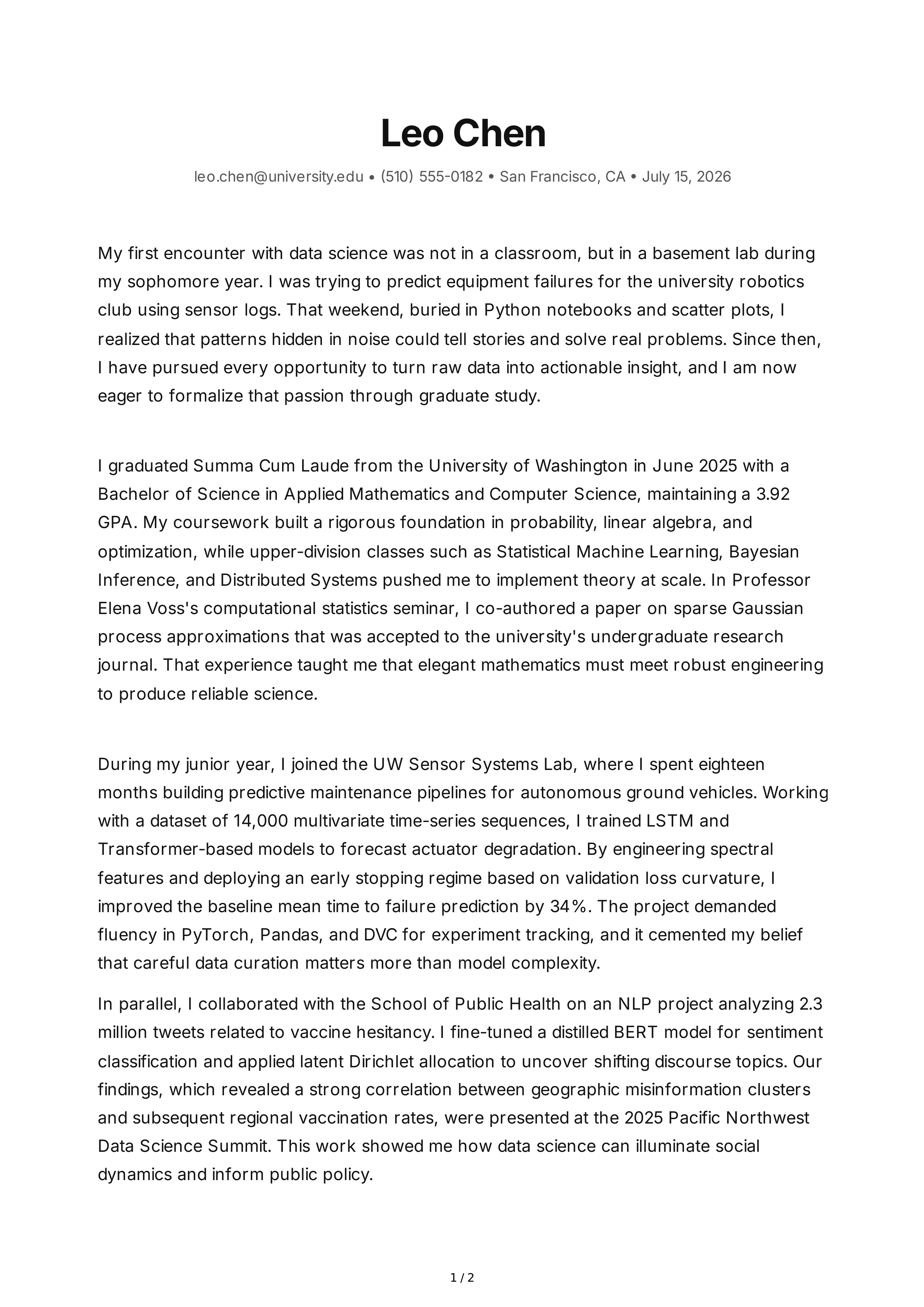 Data Science Personal Statement — page 1