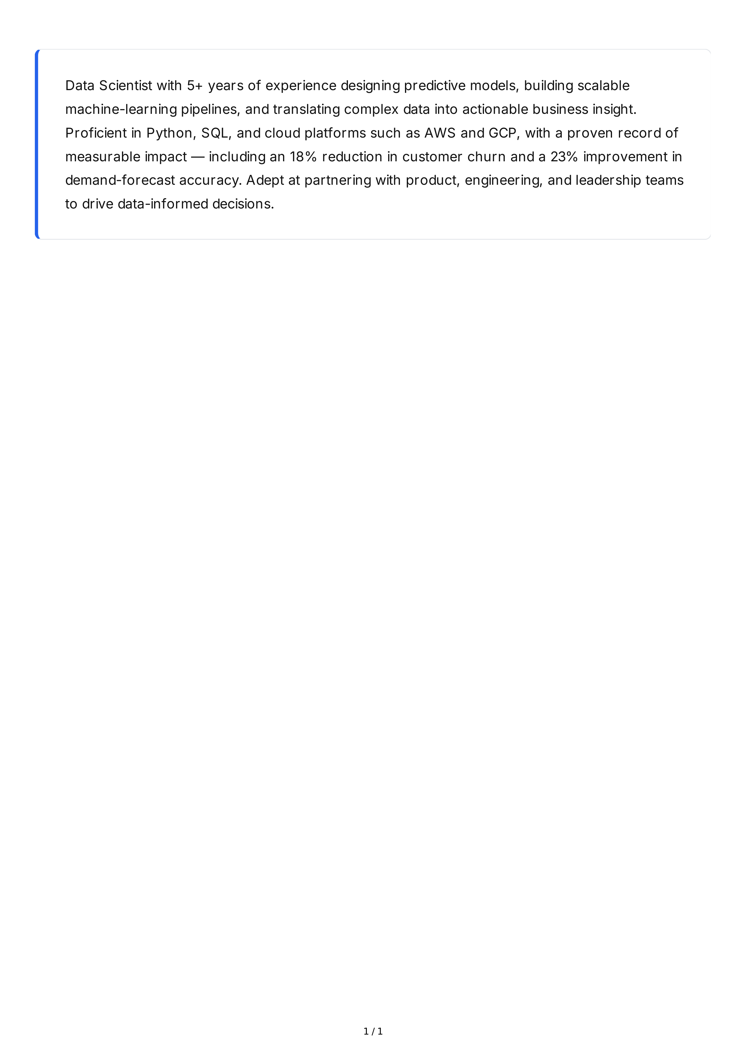 Data Scientist Resume Summary — page 1