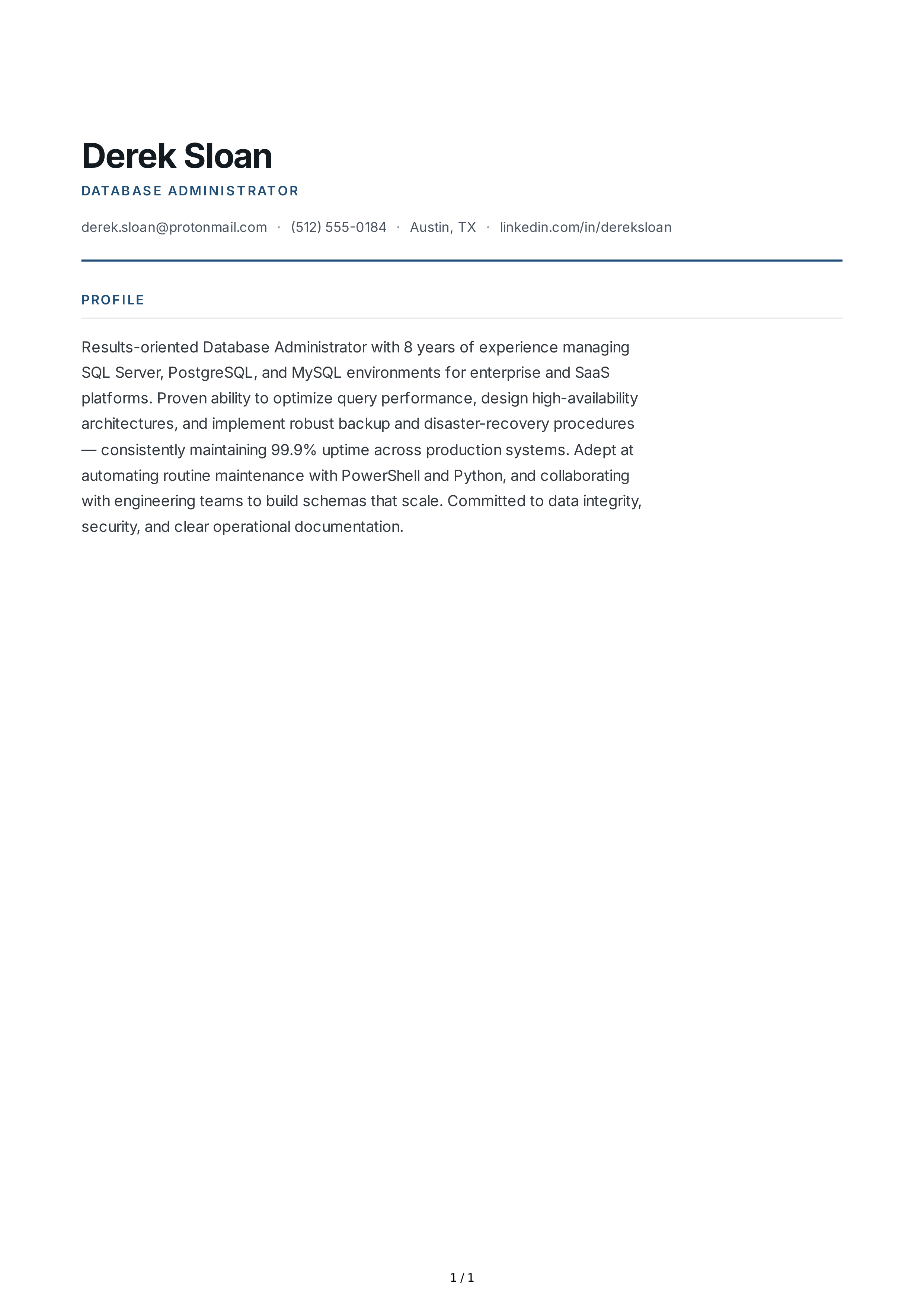 Database Administrator Resume Profile — page 1