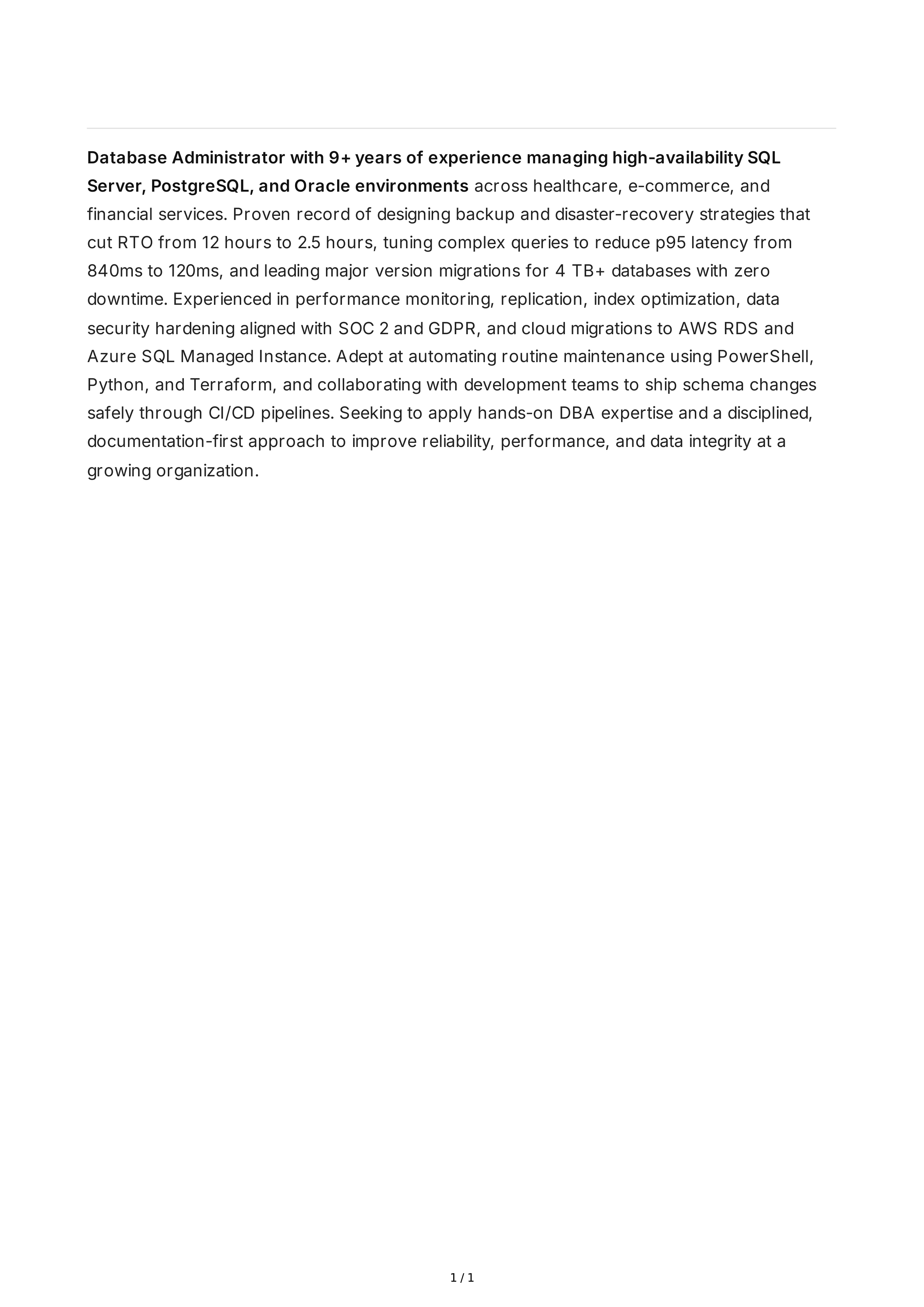 Database Administrator Resume Summary — page 1