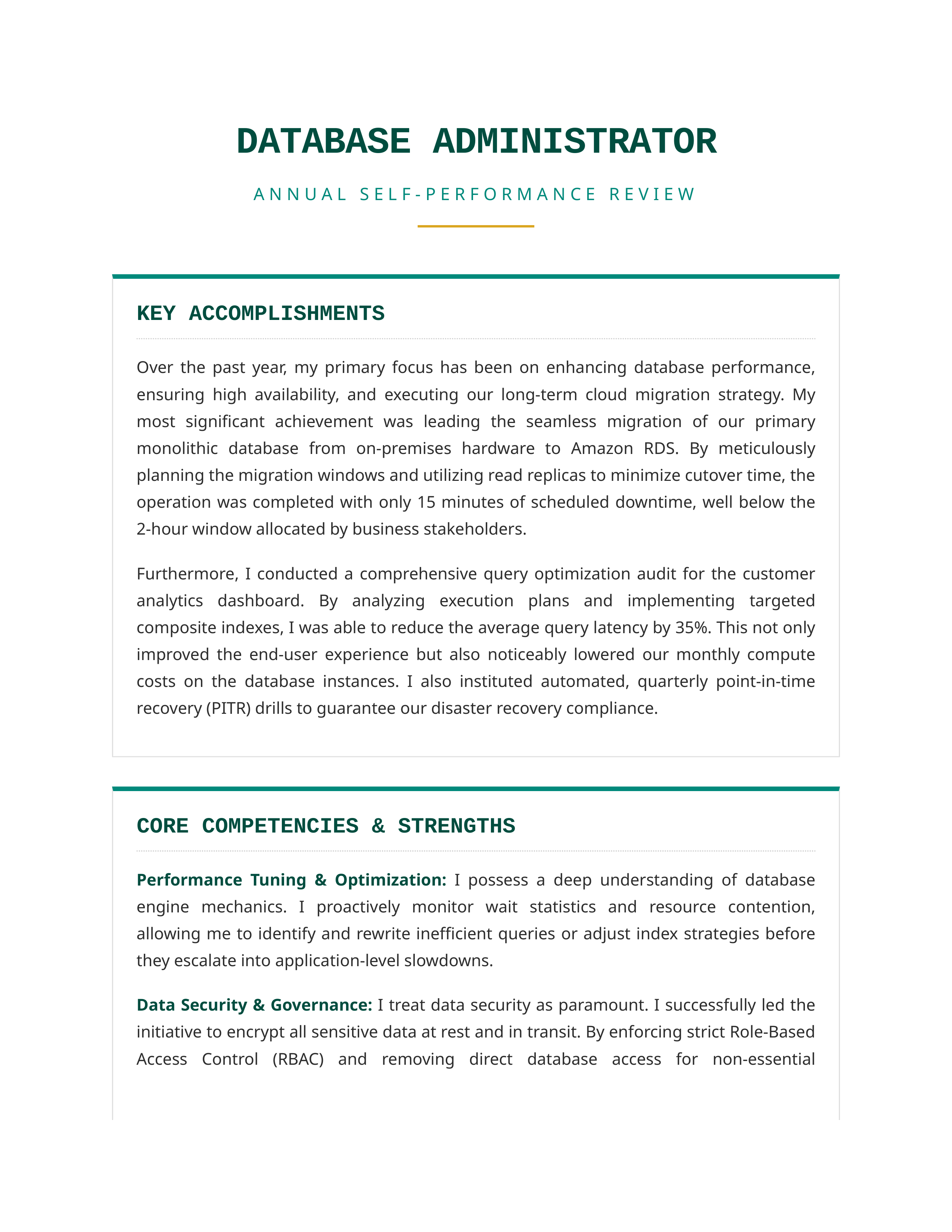 Database Administrator Self Performance Review — page 1