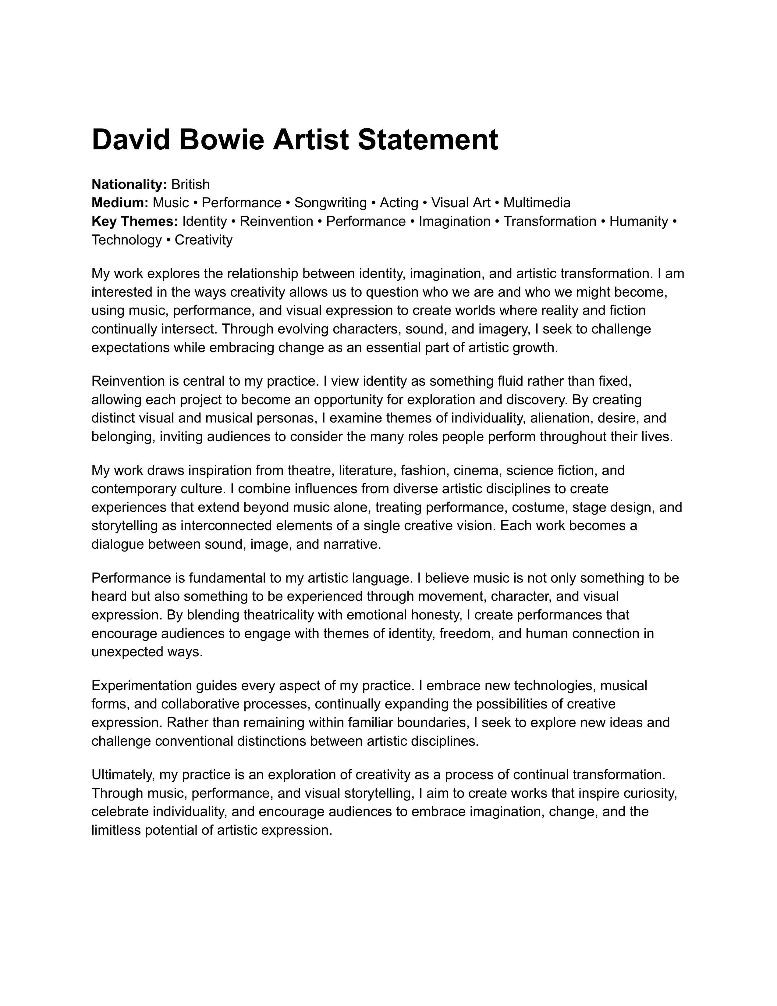 David Bowie Artist Statement — page 1