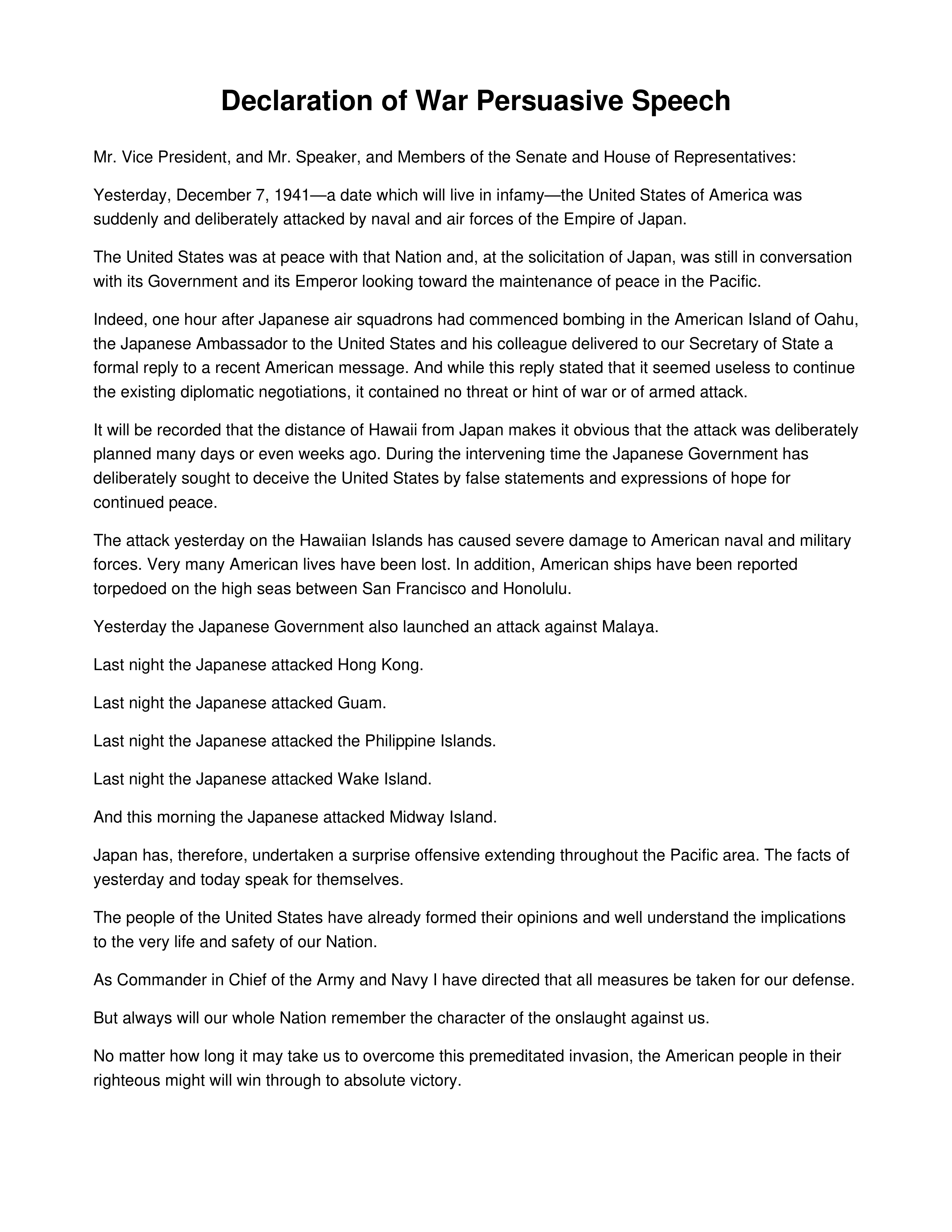 Declaration of War Persuasive Speech — page 1