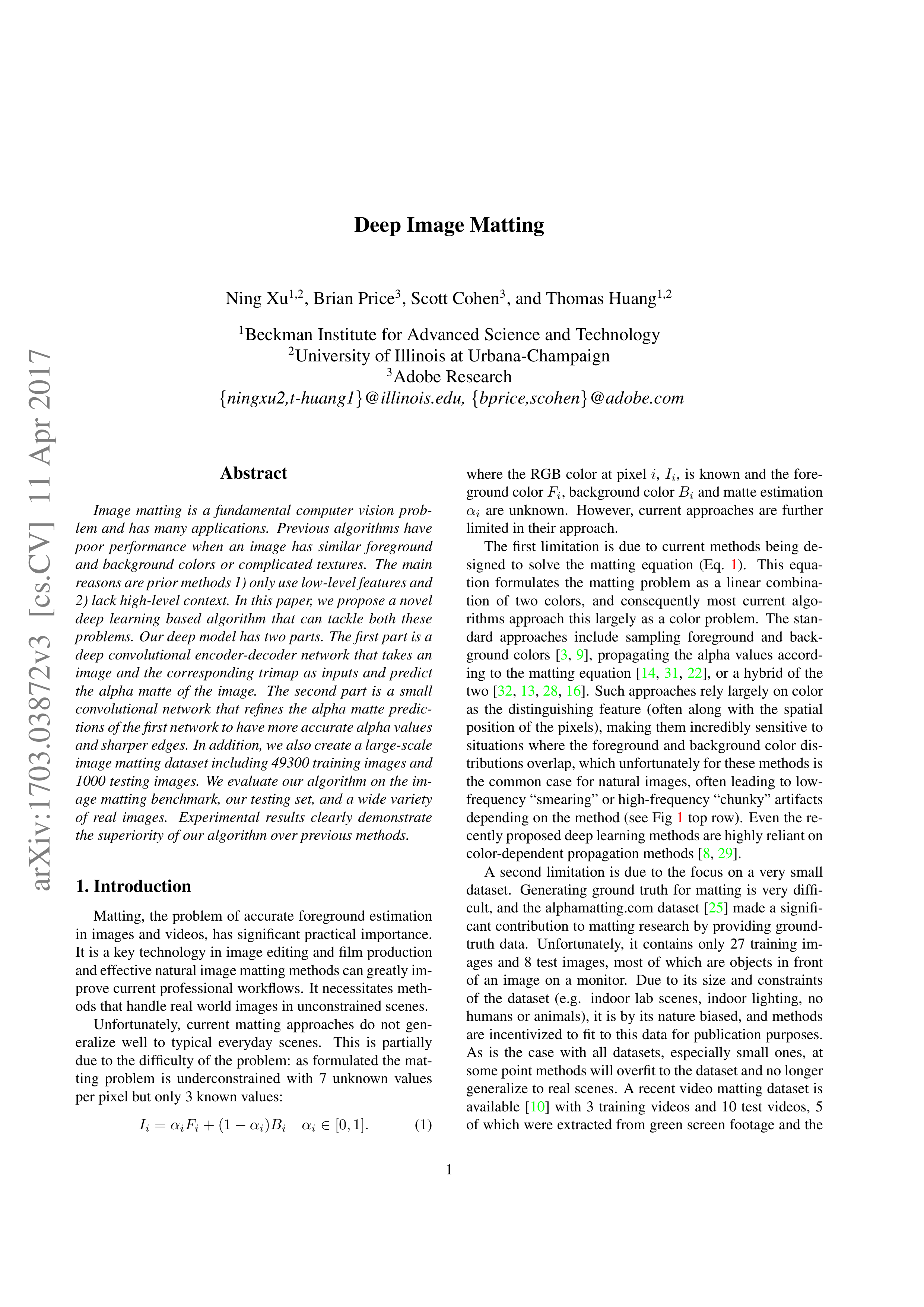 Deep Image Matting Research Paper by Adobe Research — page 1