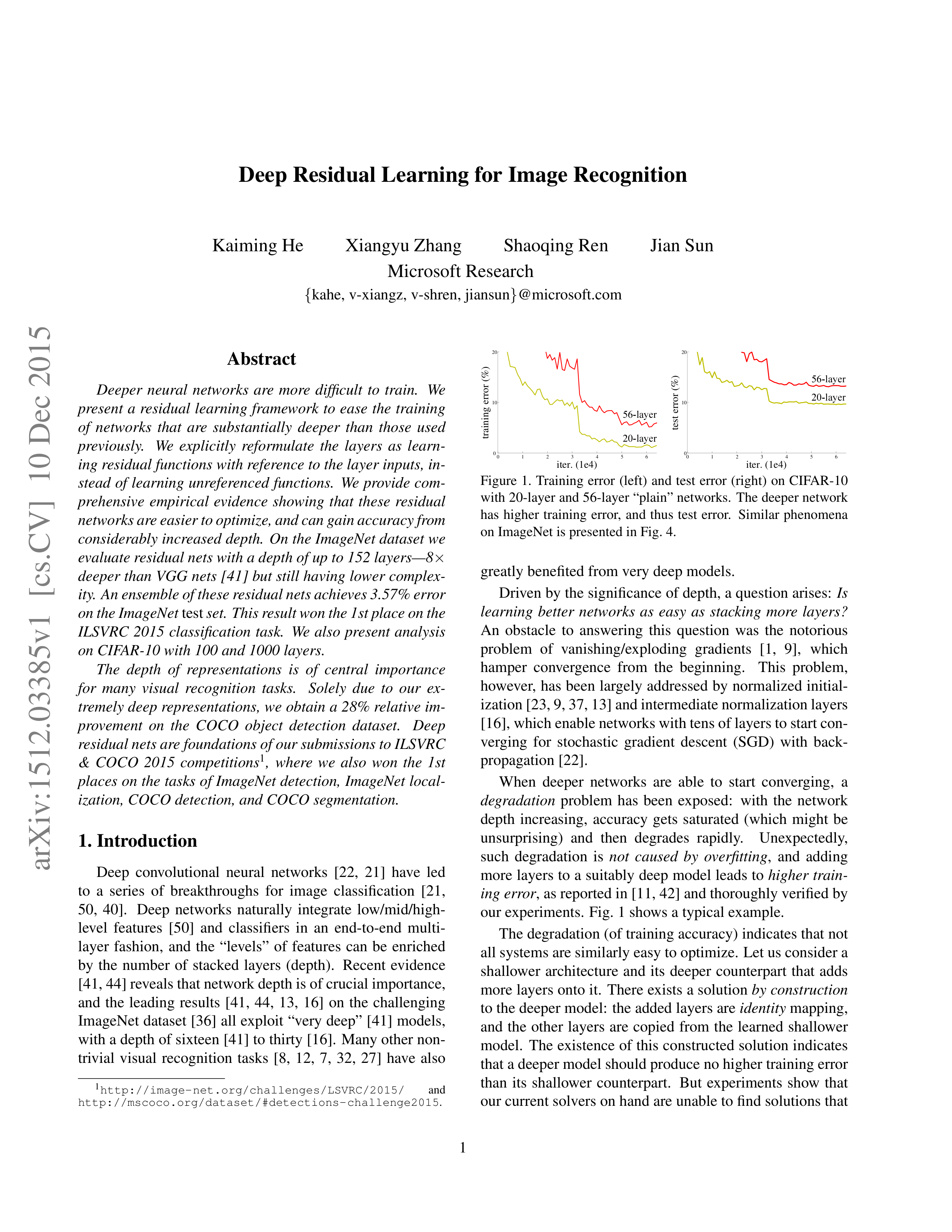 Deep Residual Learning for Image Recognition Research Paper by Microsoft — page 1