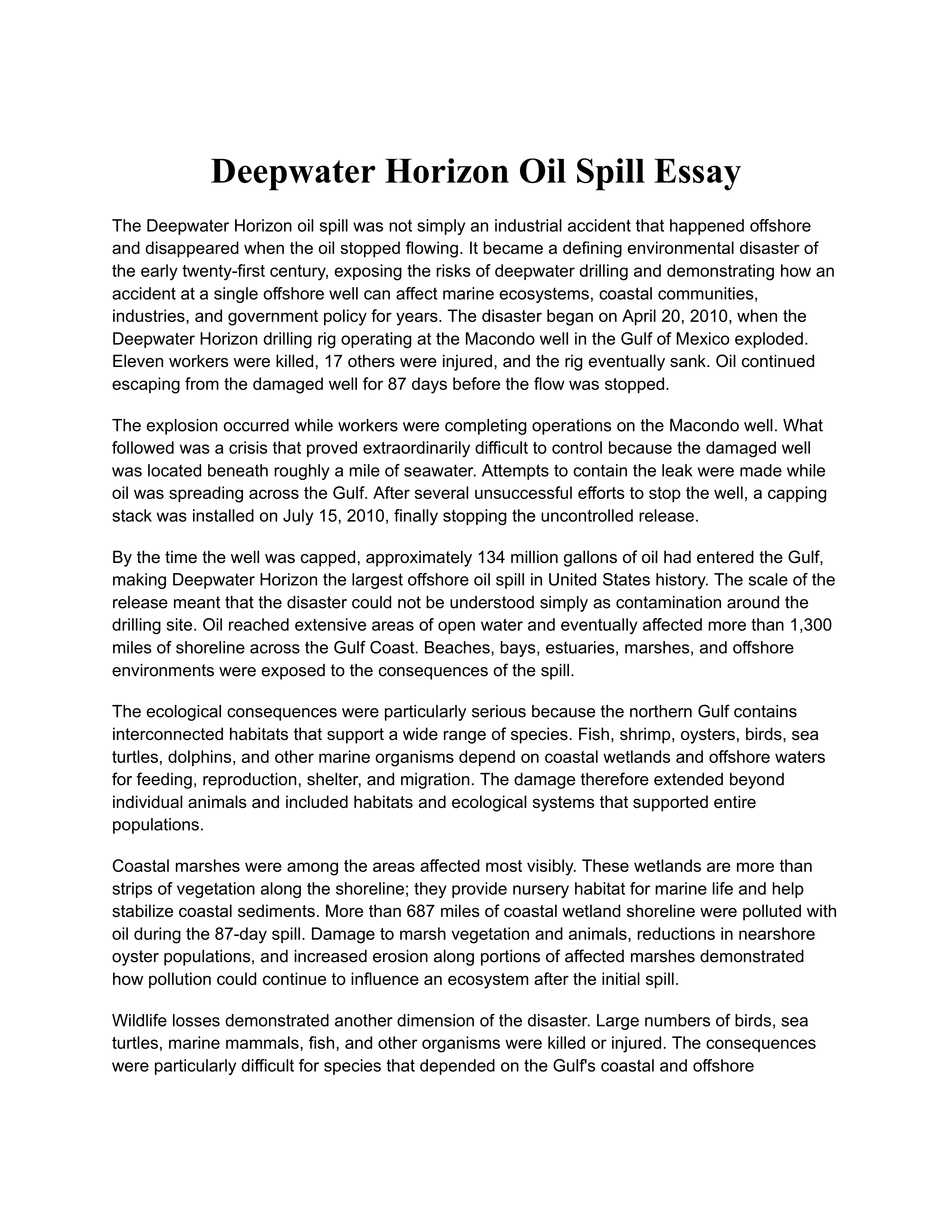 Deepwater Horizon Oil Spill Essay — page 1