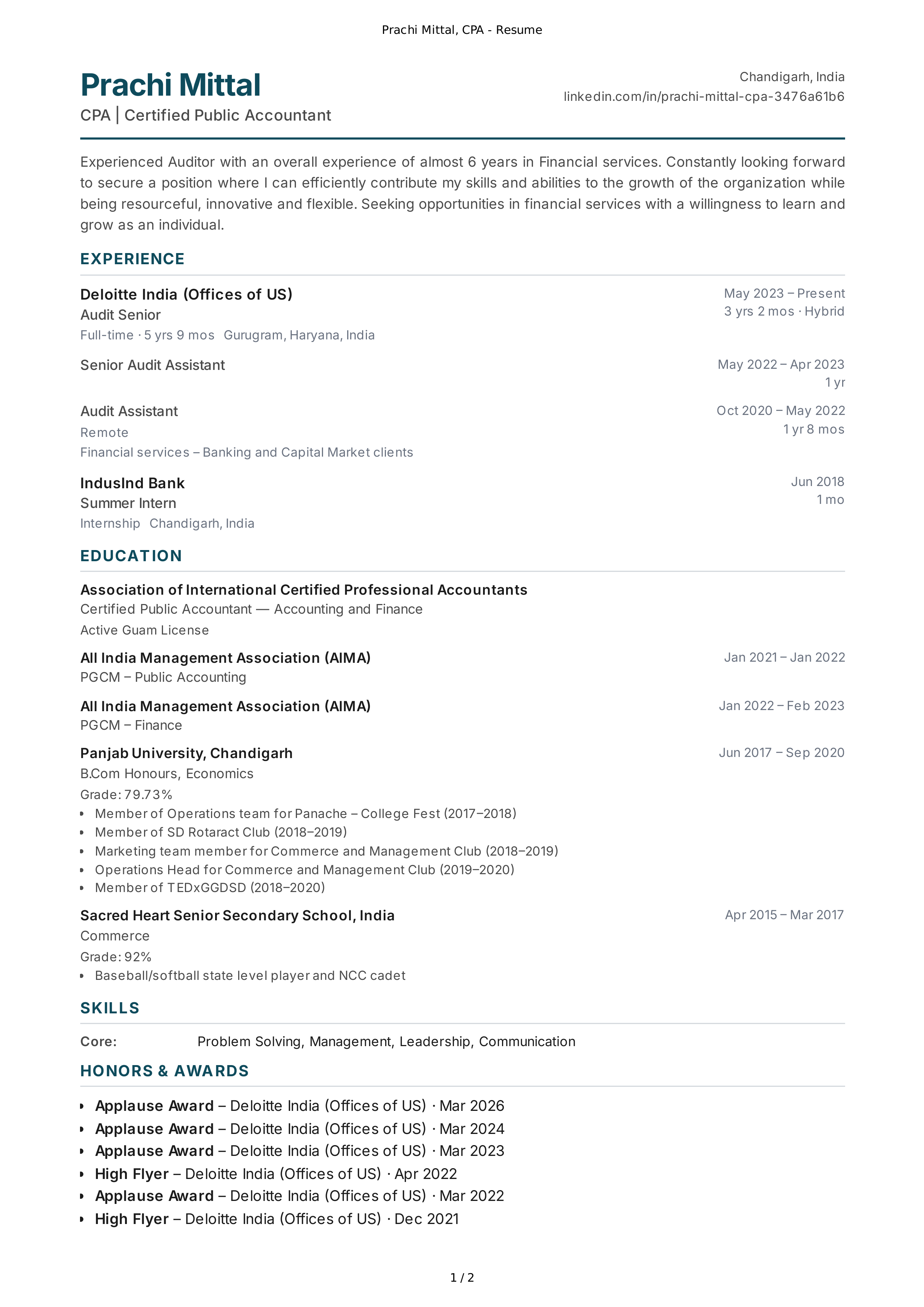 Deloitte Accountant Resume — page 1