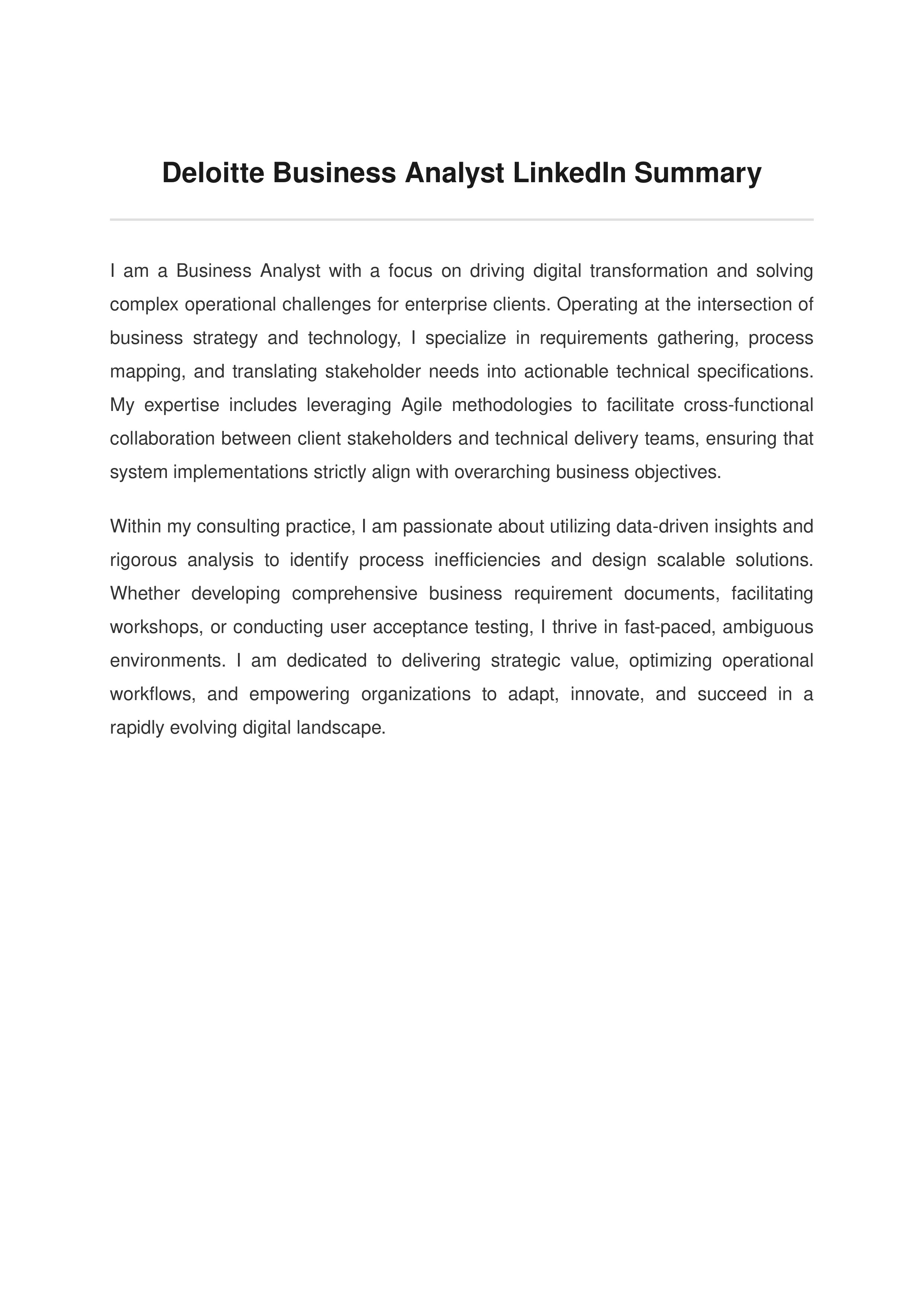 Deloitte Business Analyst LinkedIn Summary — page 1
