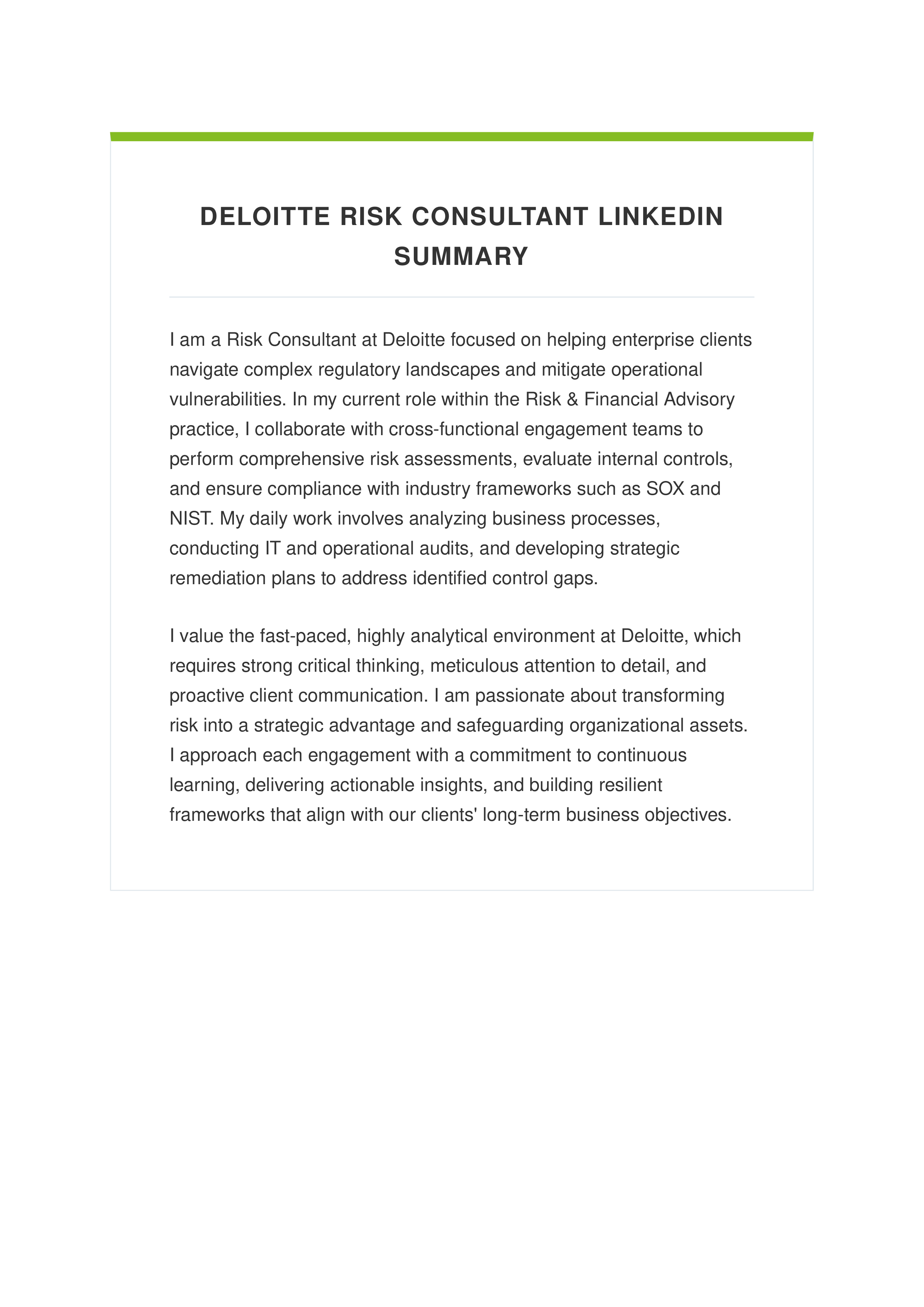Deloitte Risk Consultant LinkedIn Summary — page 1
