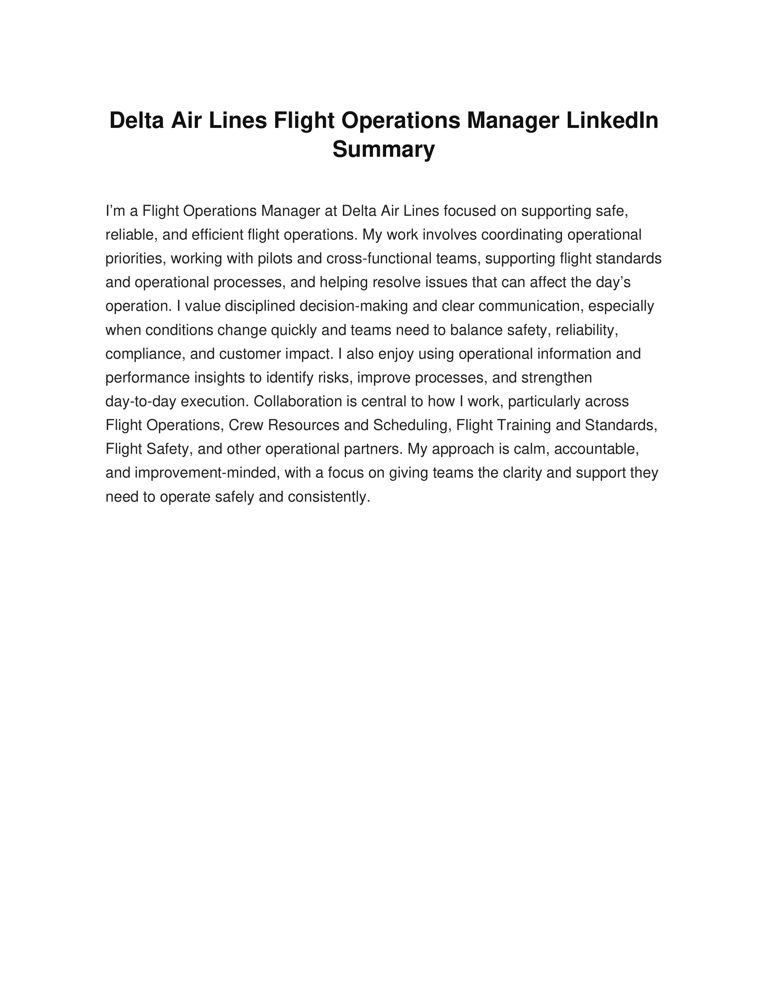 Delta Air Lines Flight Operations Manager LinkedIn Summary — page 1