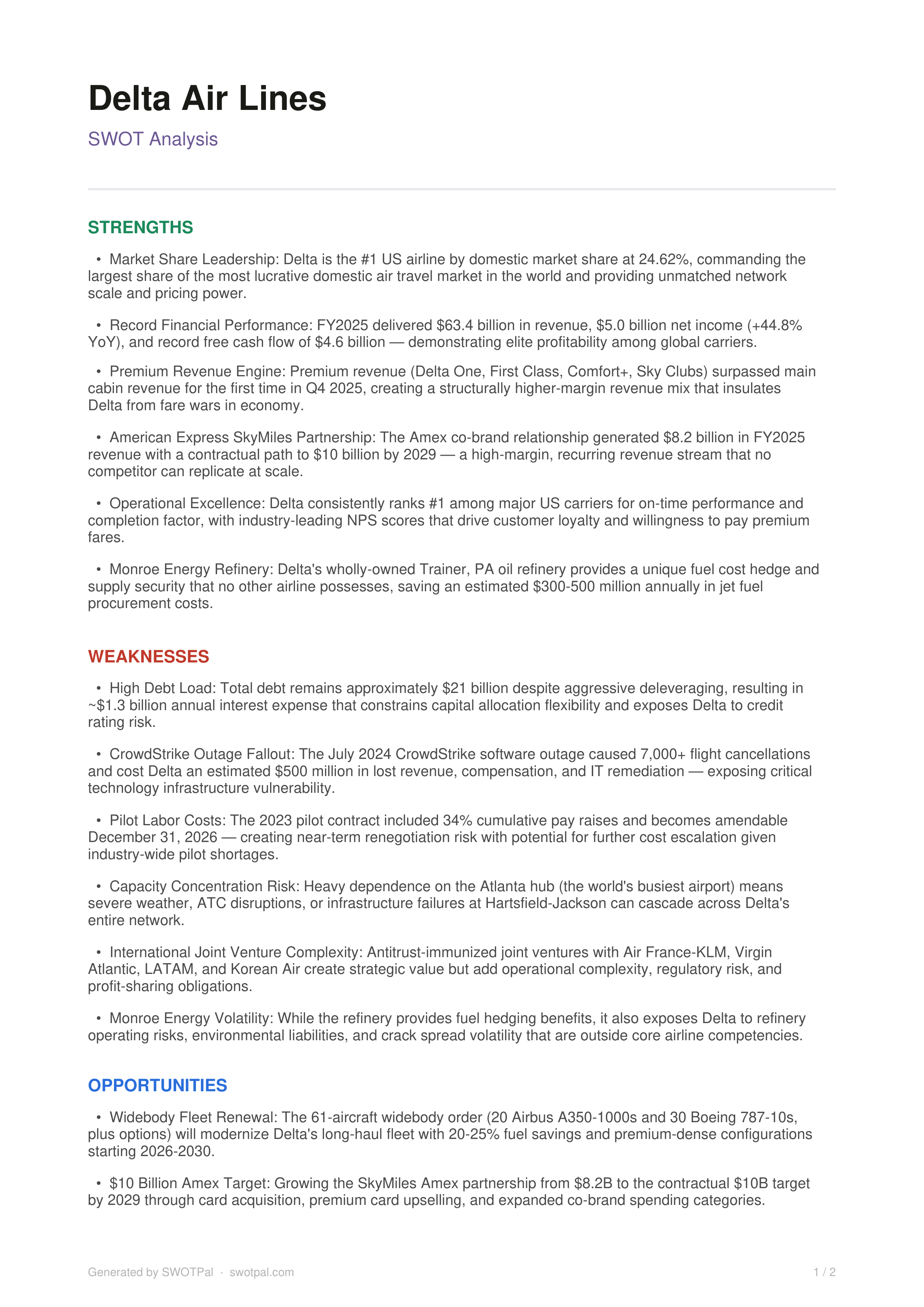 Delta Air Lines Swot Analysis  — page 1