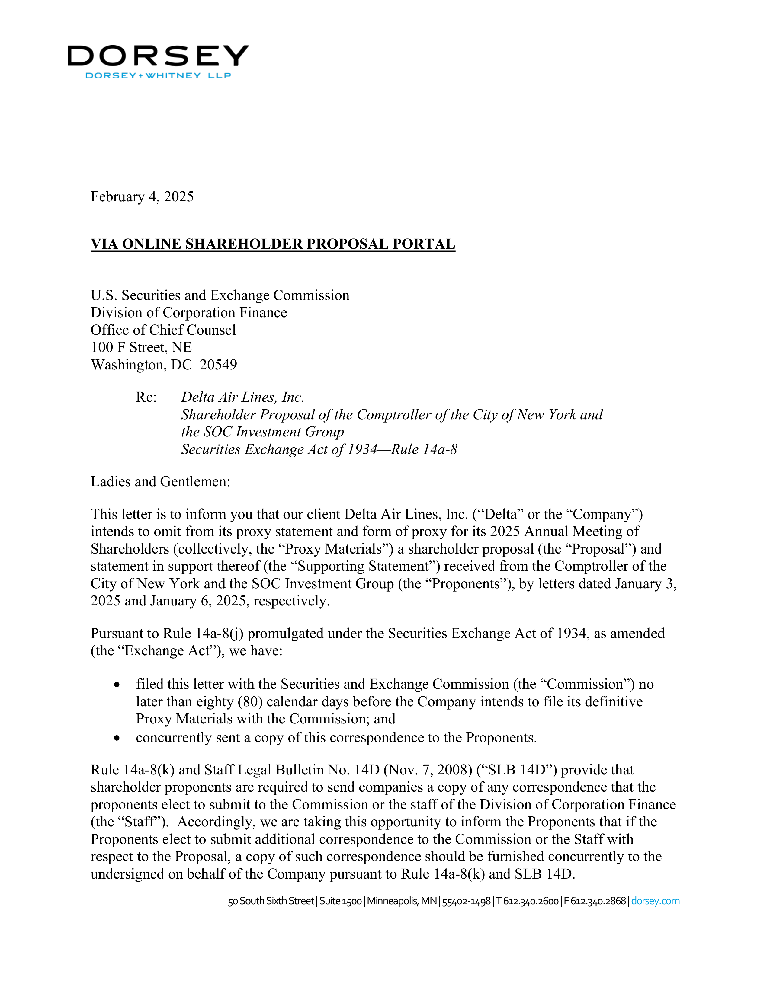 Delta Air Lines proposal  — page 1