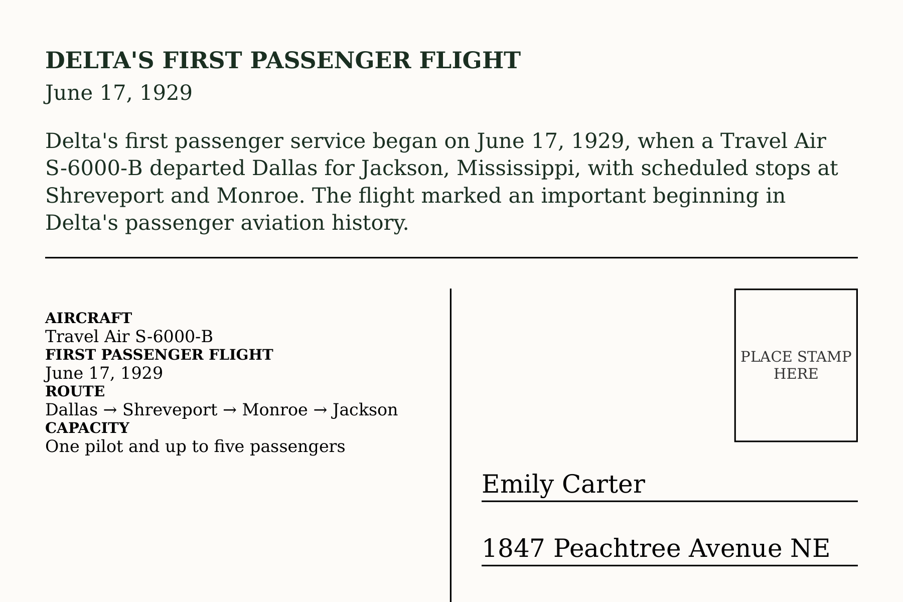 Delta Flight Museum Historical Aviation Postcard — page 2