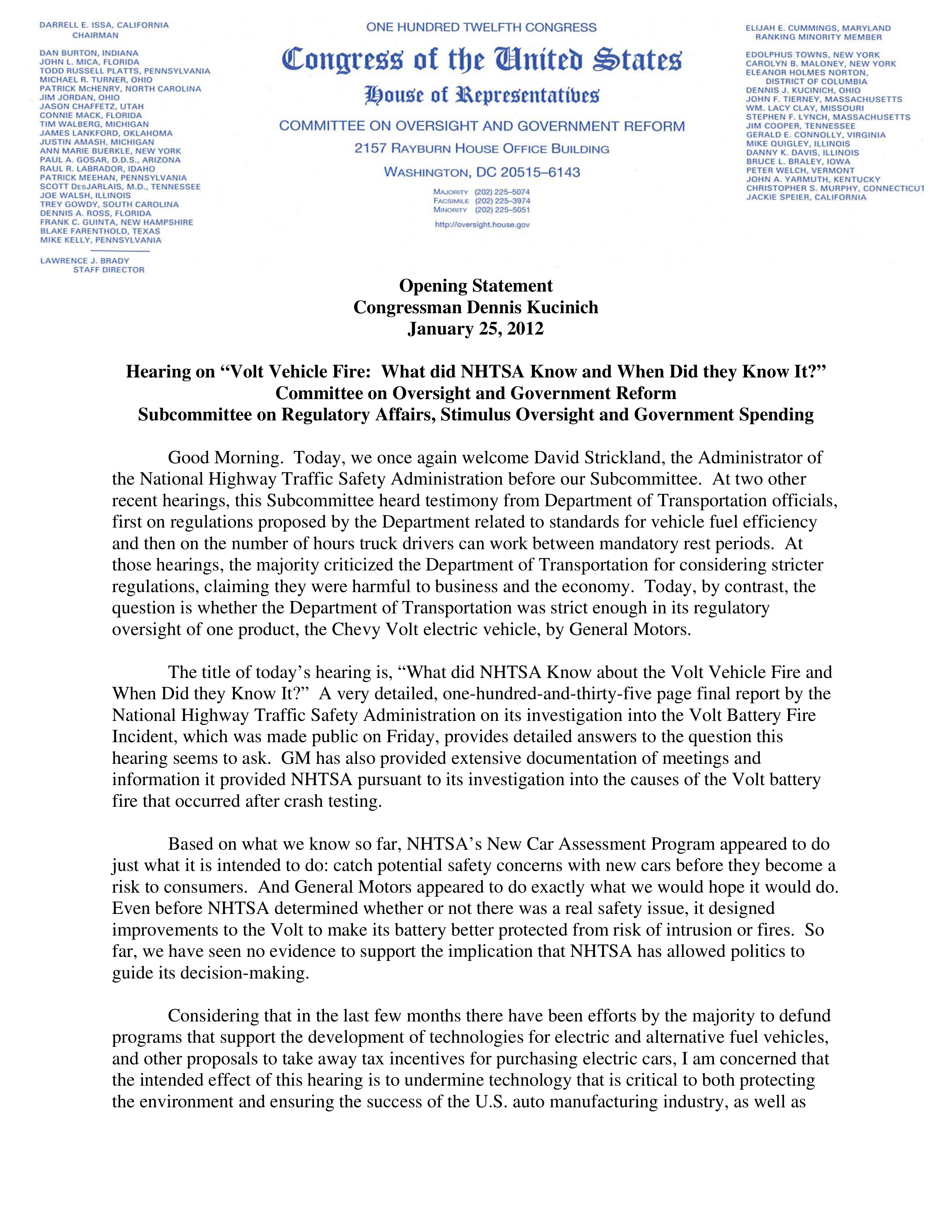 Dennis Kucinich Opening Statement — page 1