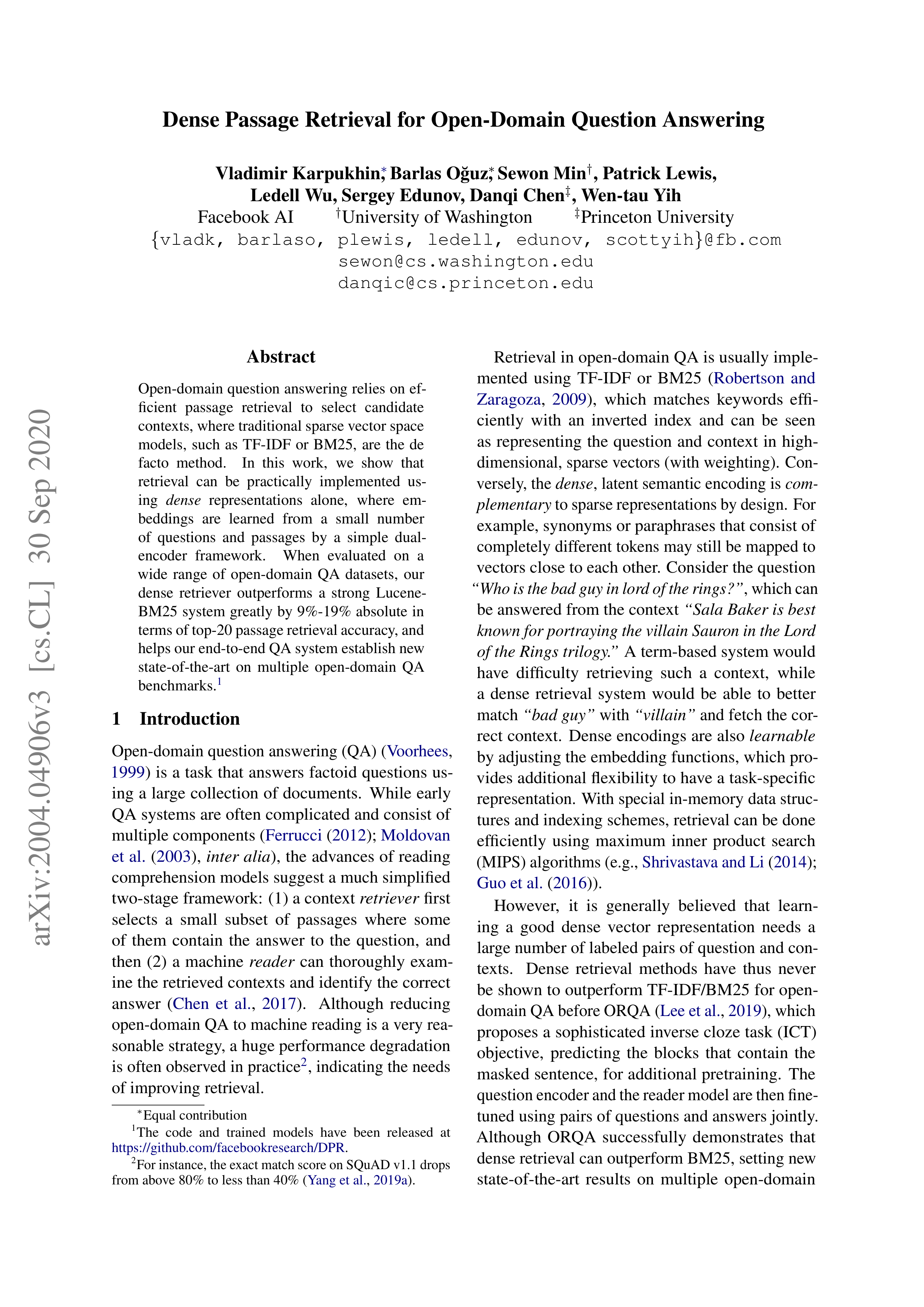 Dense Passage Retrieval Research Paper by Facebook AI — page 1