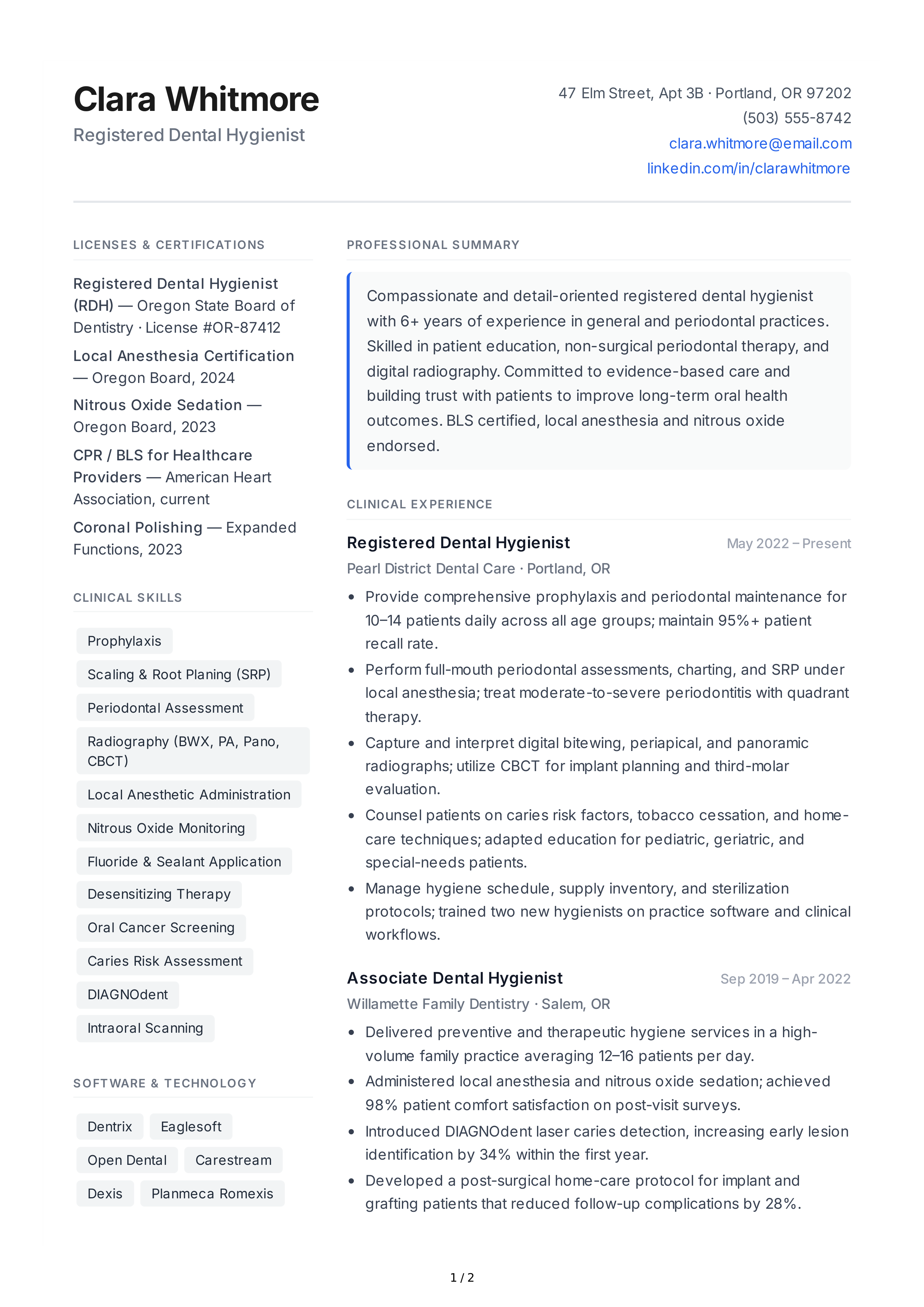Dental Hygienist CV — page 1