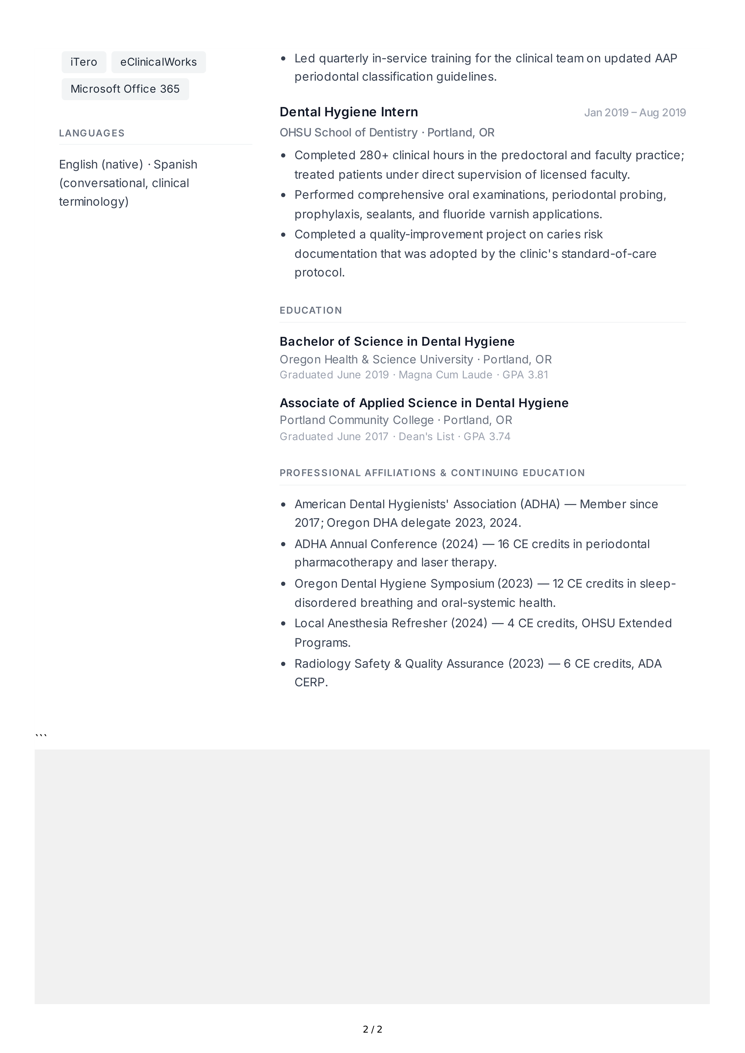 Dental Hygienist CV — page 2