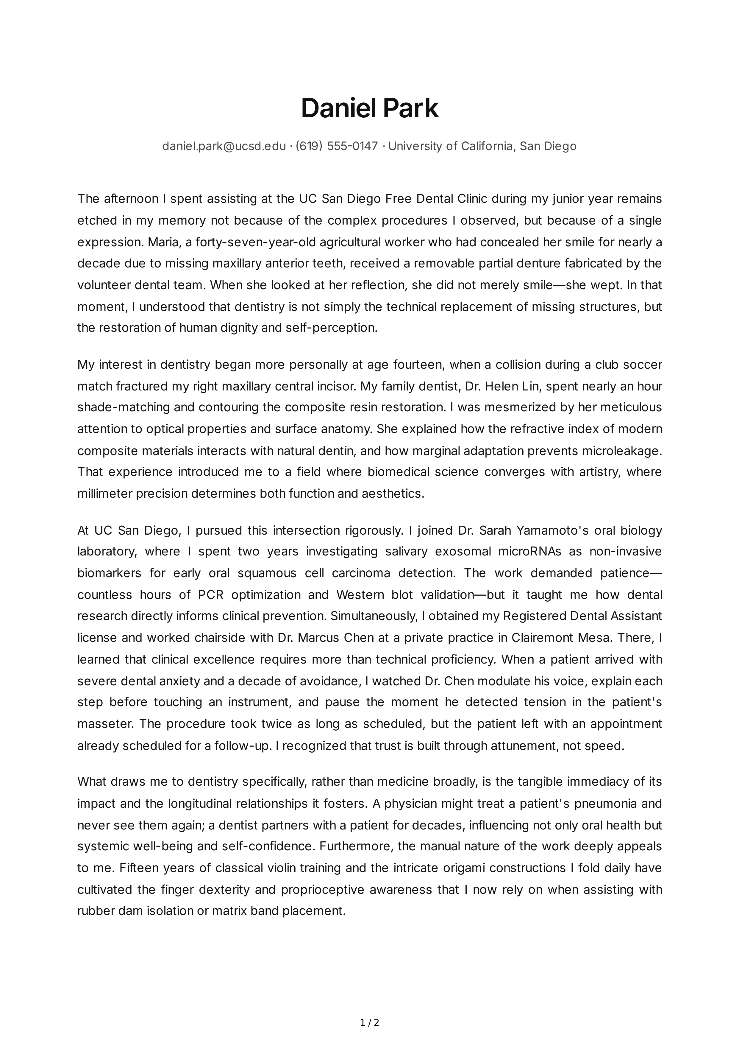 Dental School Personal Statement — page 1