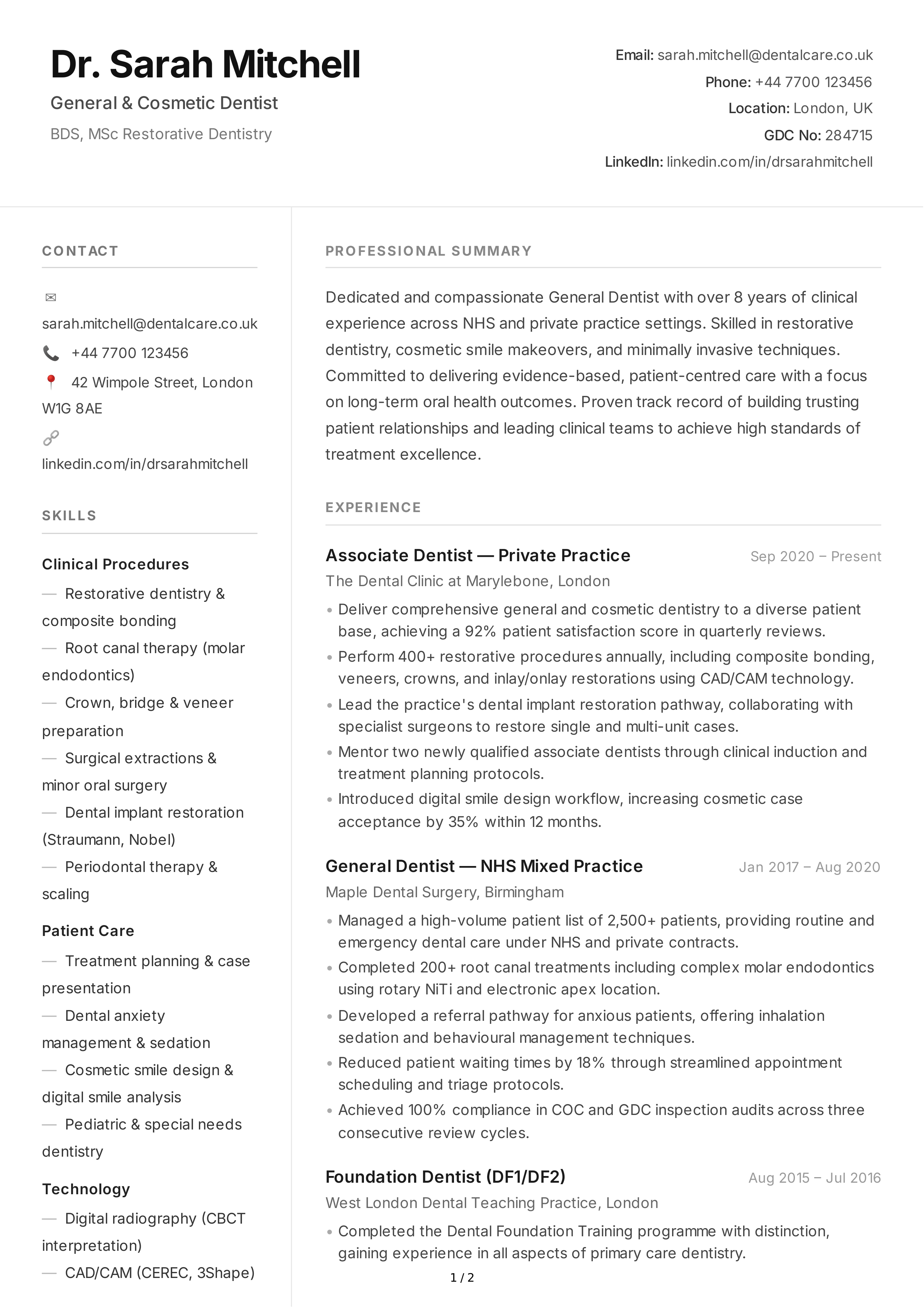 Dentist CV — page 1