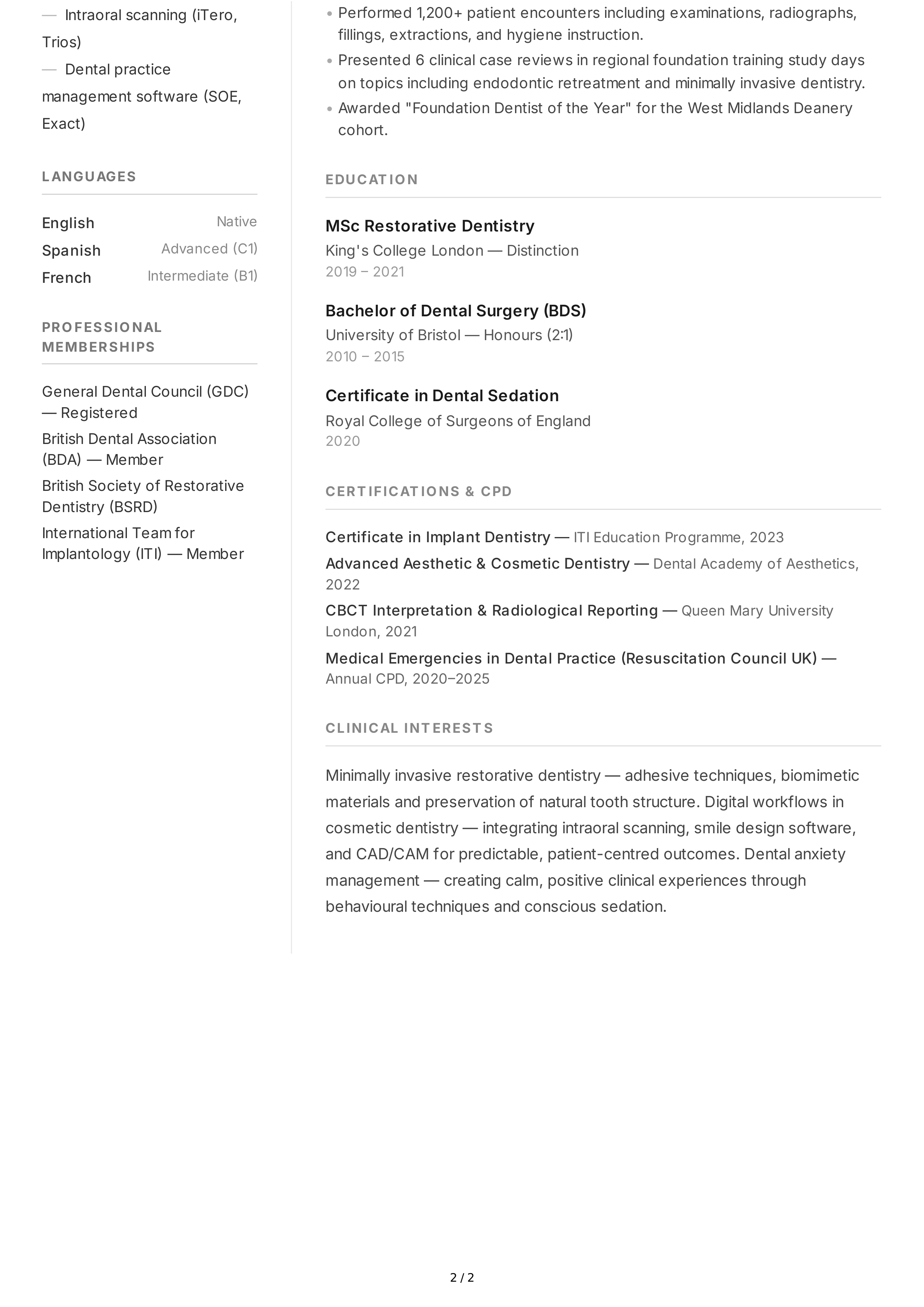 Dentist CV — page 2