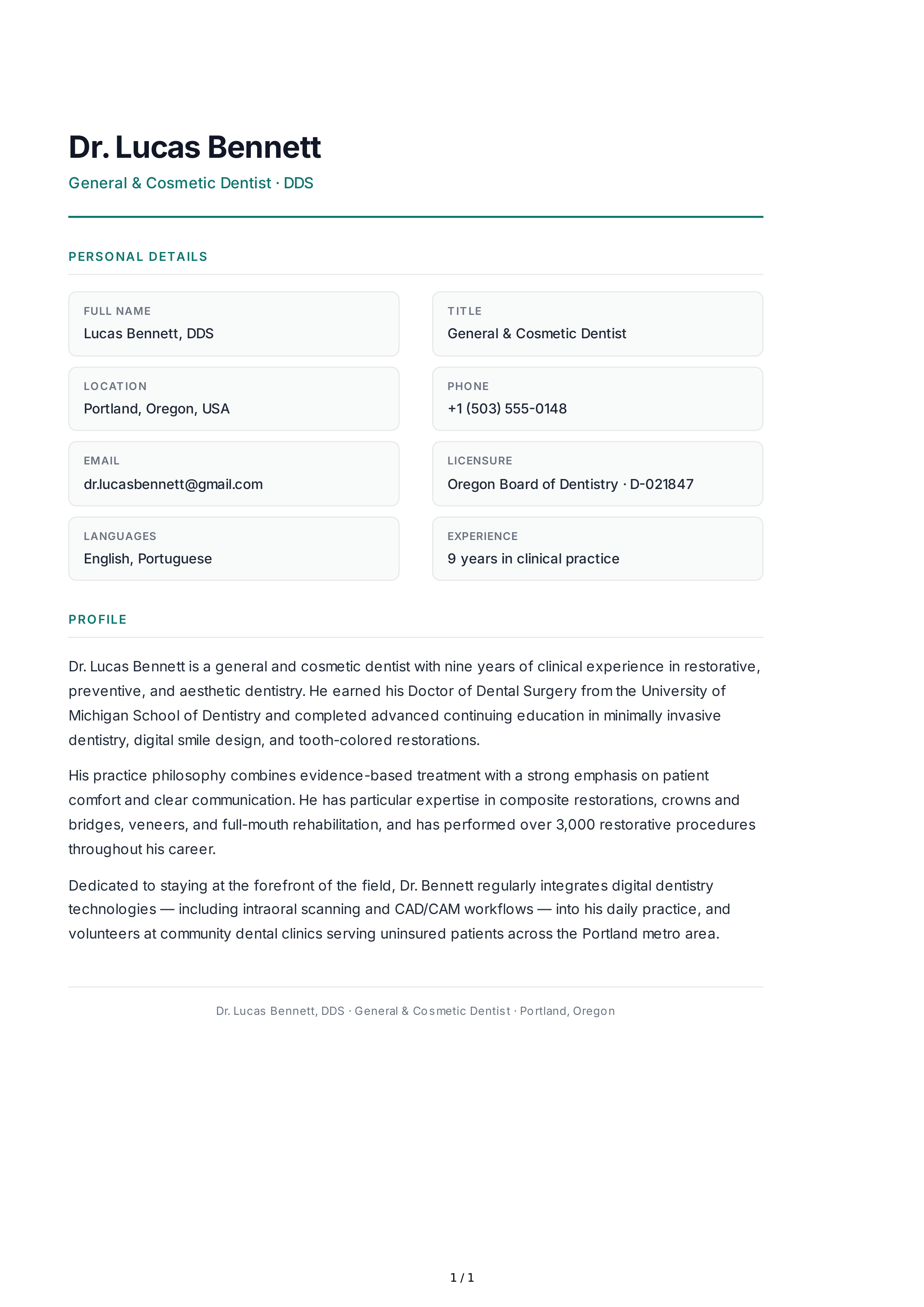 Dentist Resume Profile — page 1