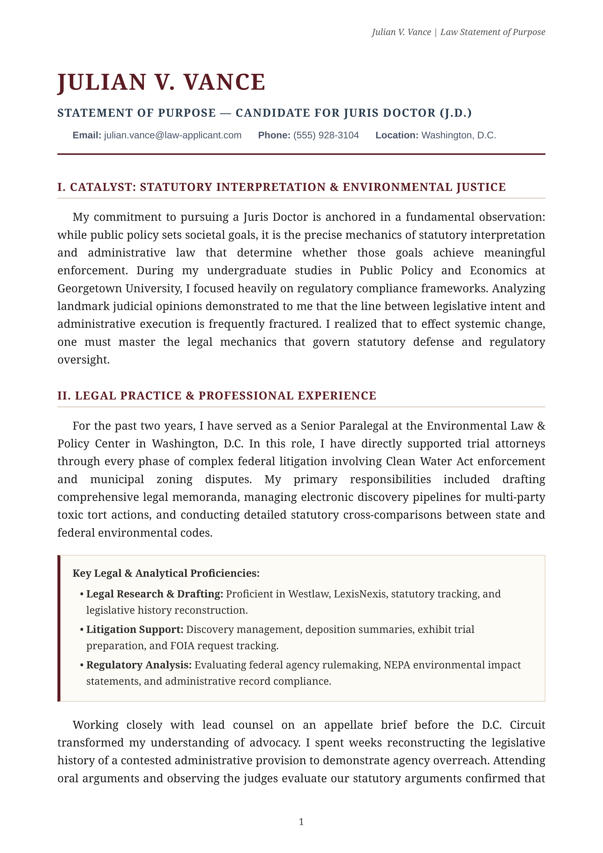 Law School Statement of Purpose — page 1