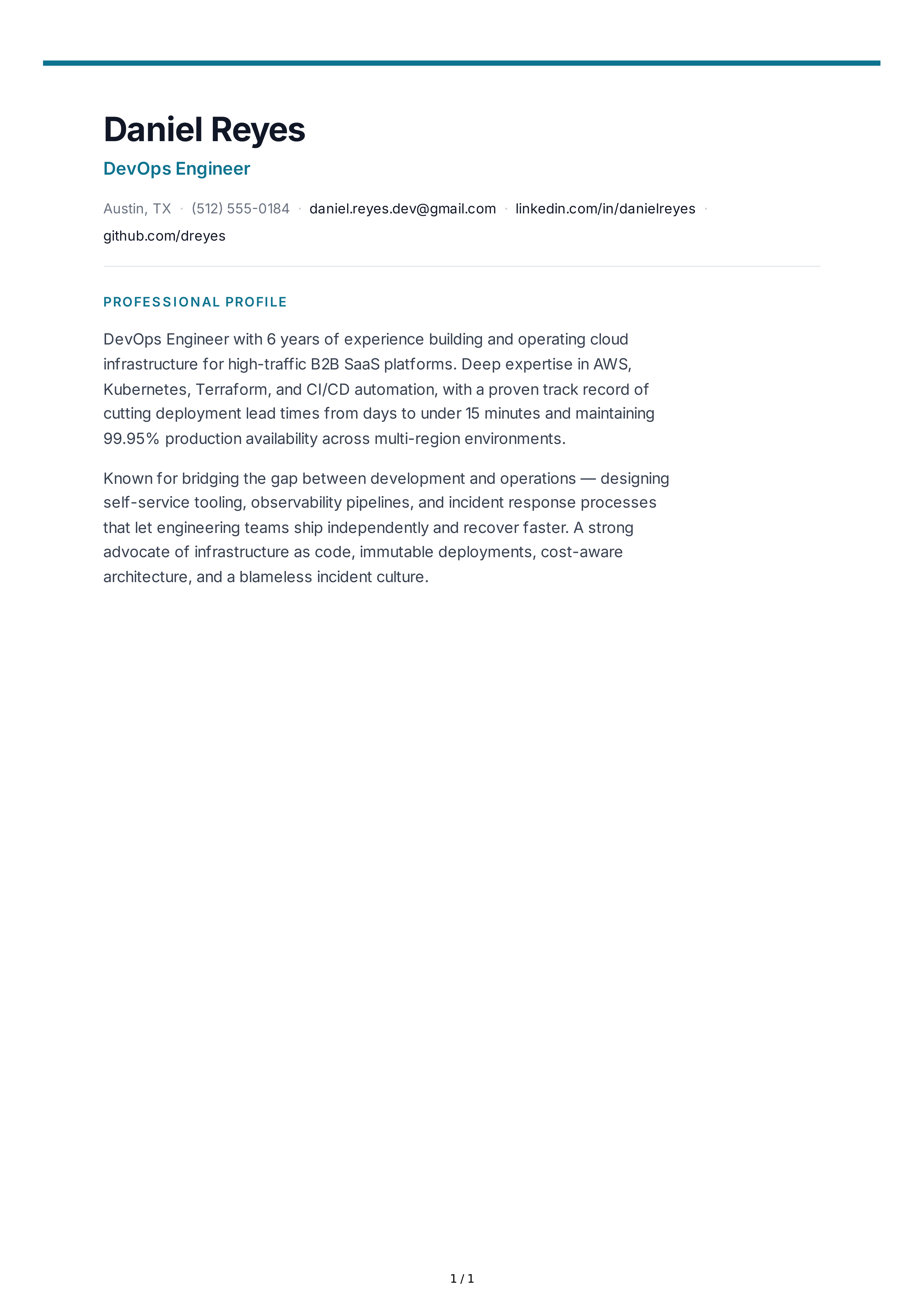 DevOps Engineer Resume Profile — page 1