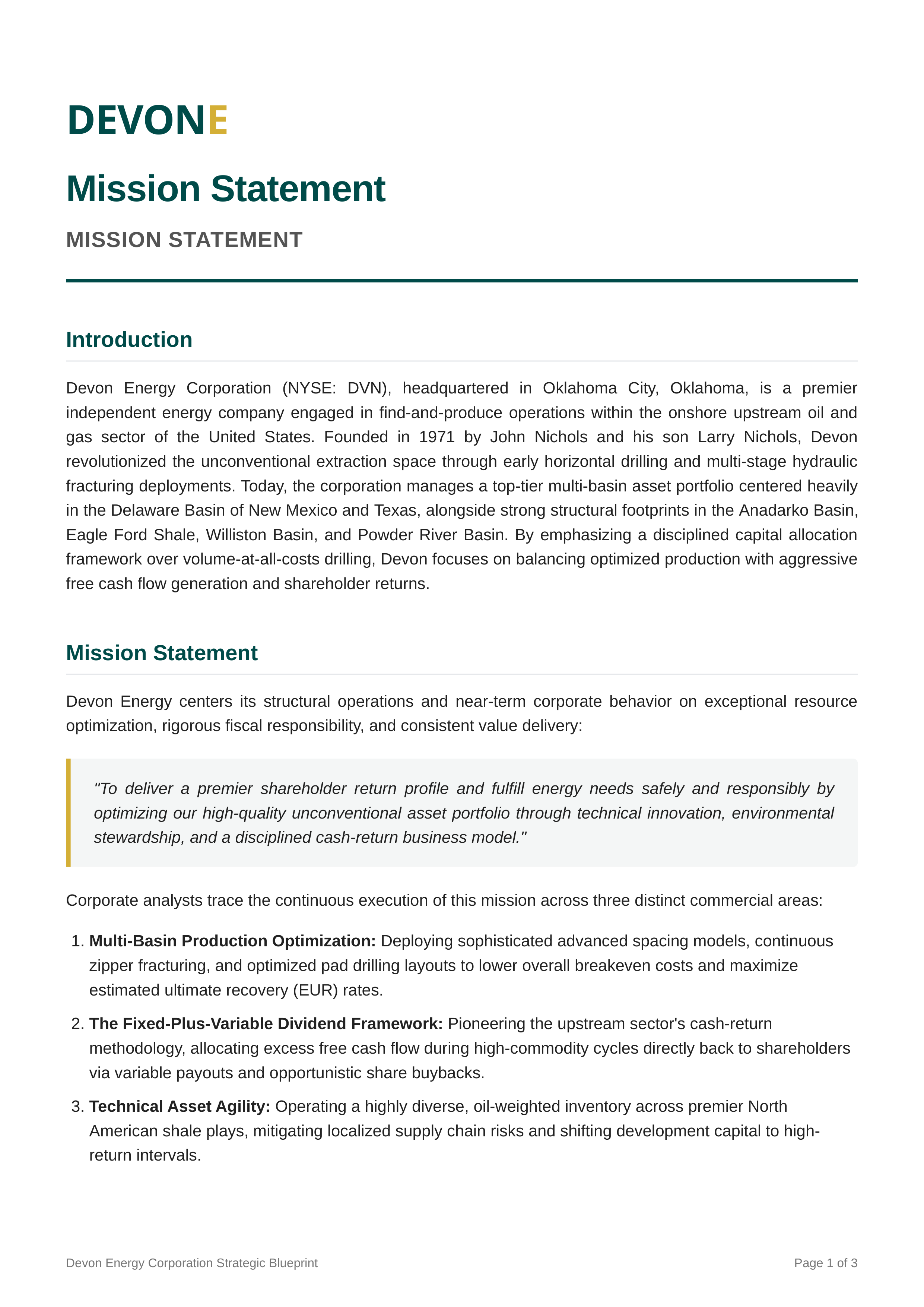 Devon Energy Mission Statement — page 1