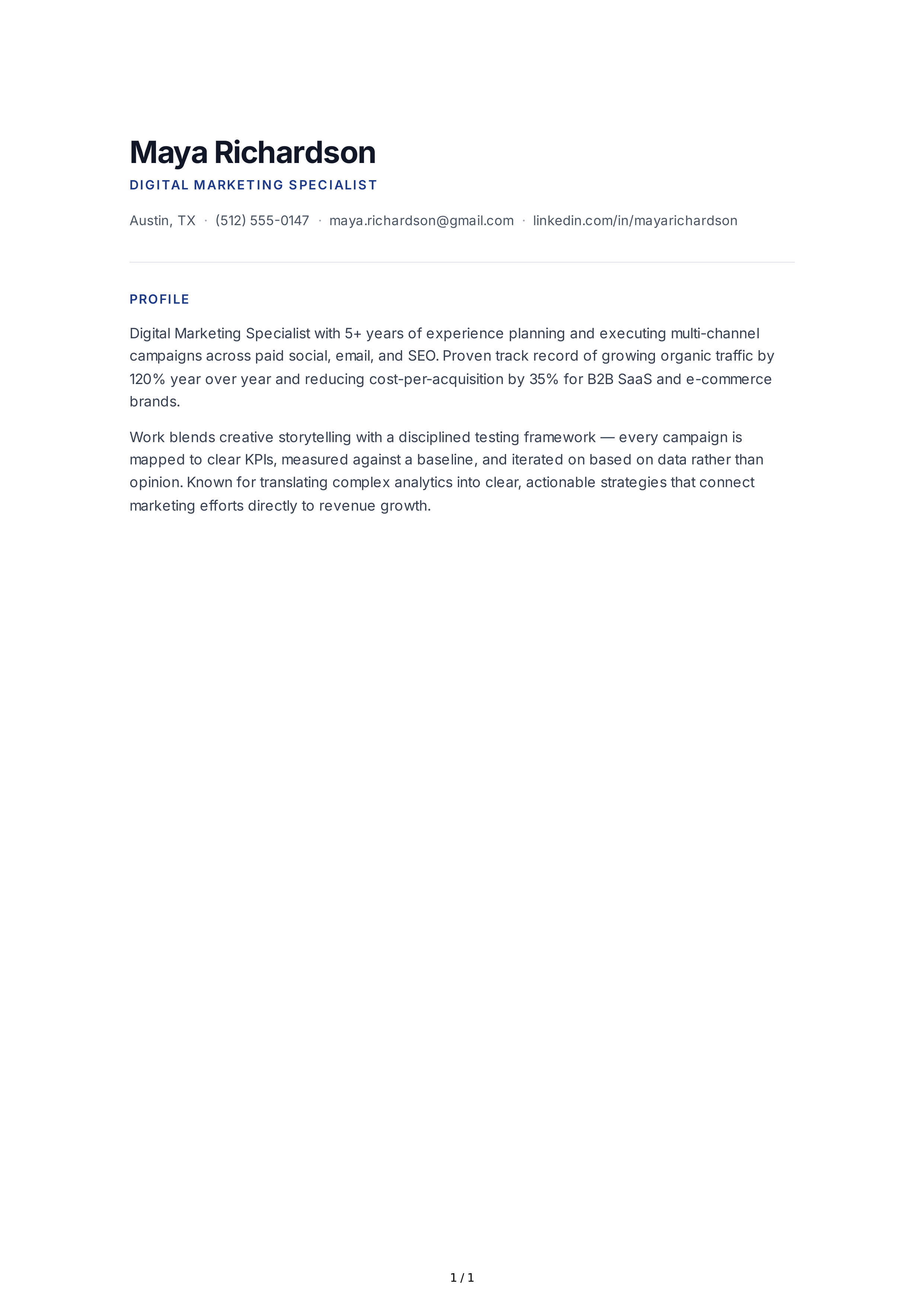 Digital Marketing Specialist Resume Profile — page 1