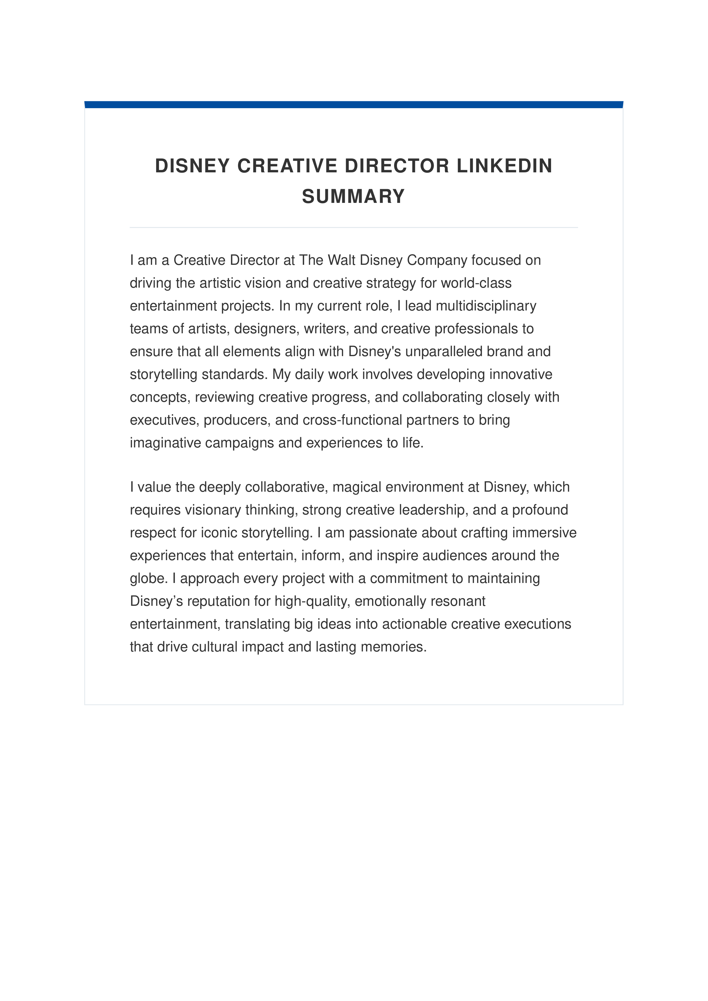 Disney Creative Director LinkedIn Summary — page 1