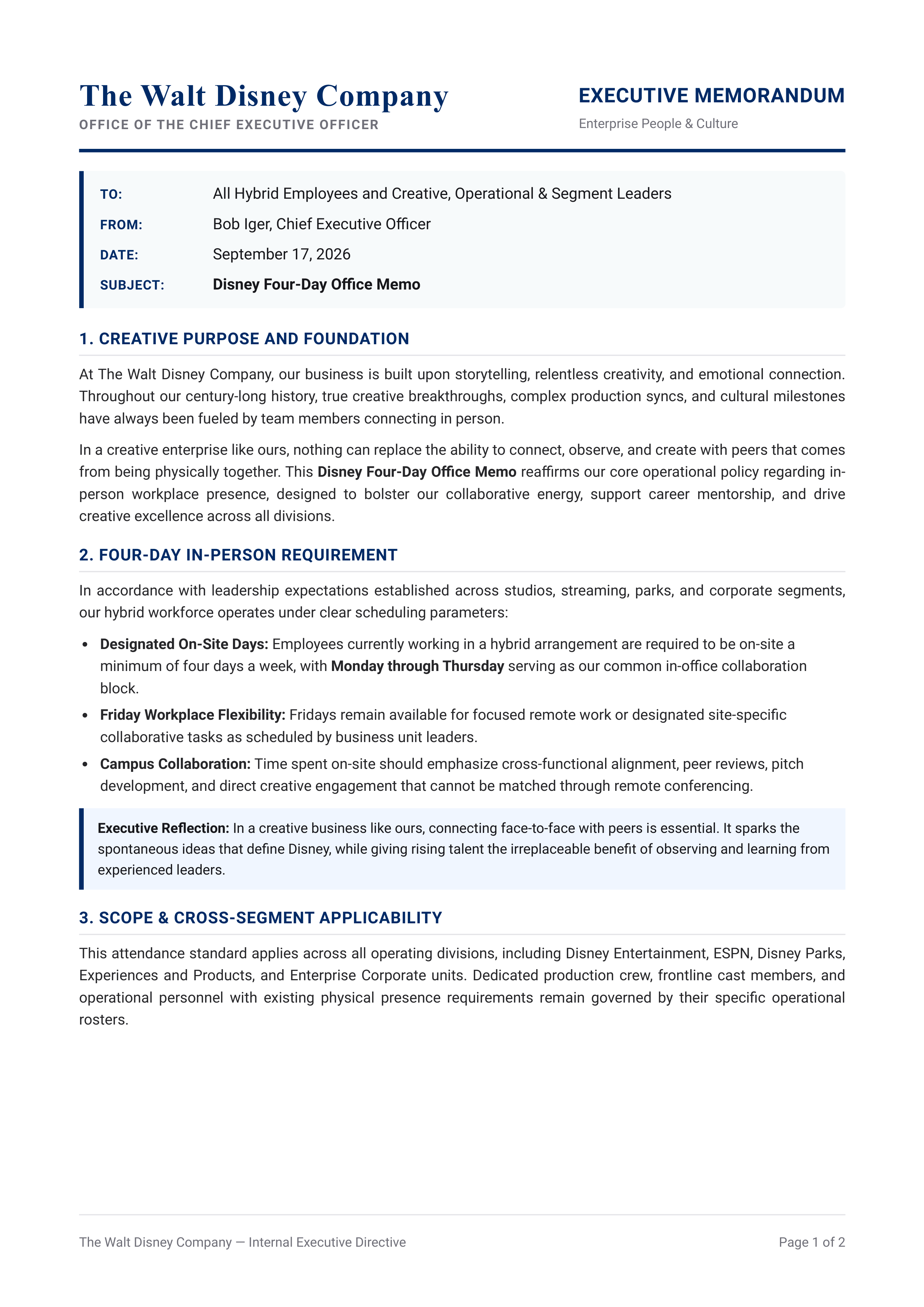 Disney Four-Day Office Memo — page 1