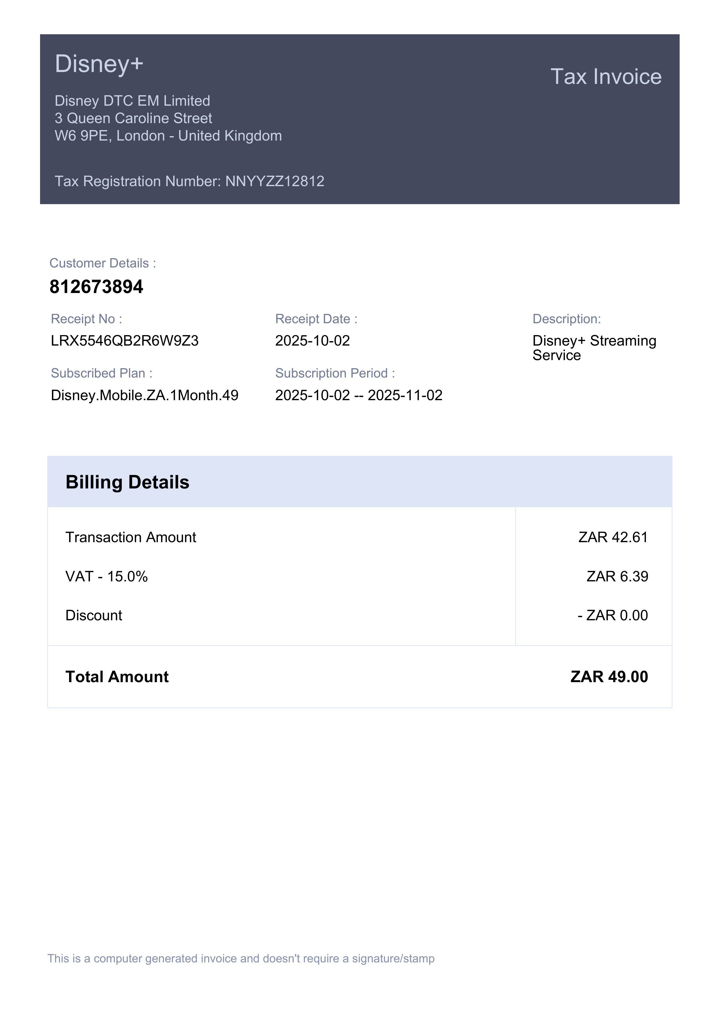 Disney+ Subscription Tax Invoice — page 1