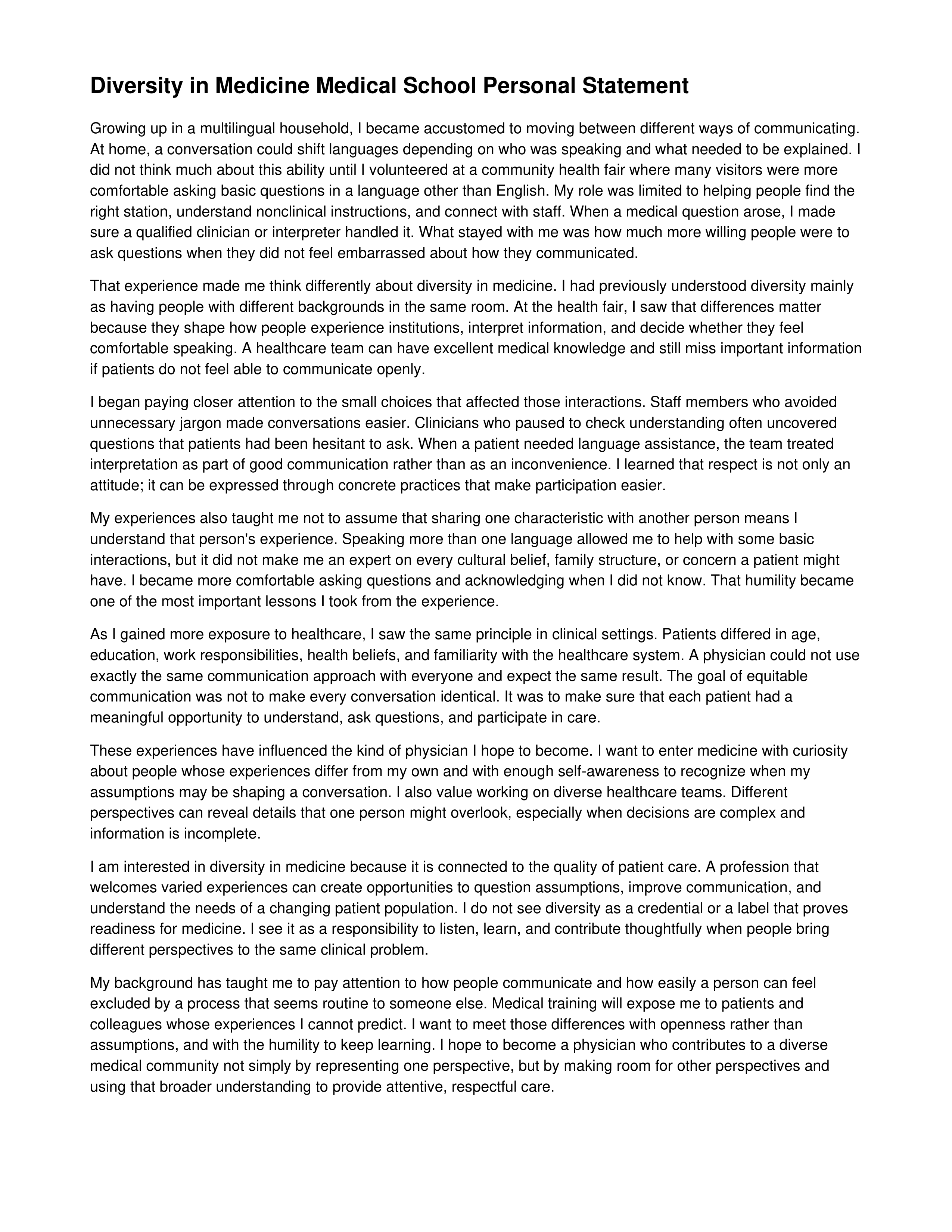Diversity in Medicine Medical School Personal Statement — page 1