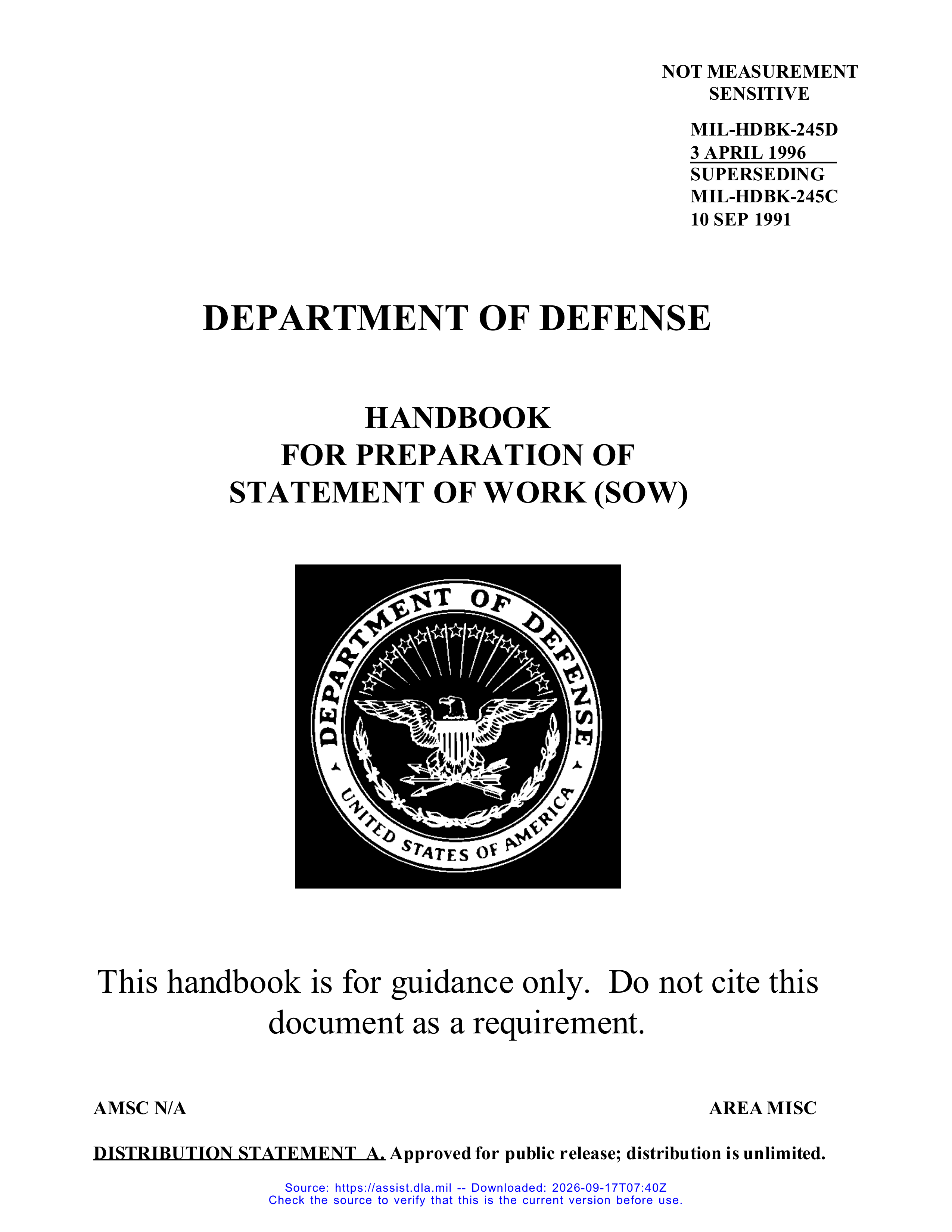DoD Preparation of Statement of Work (SOW) Handbook — page 1