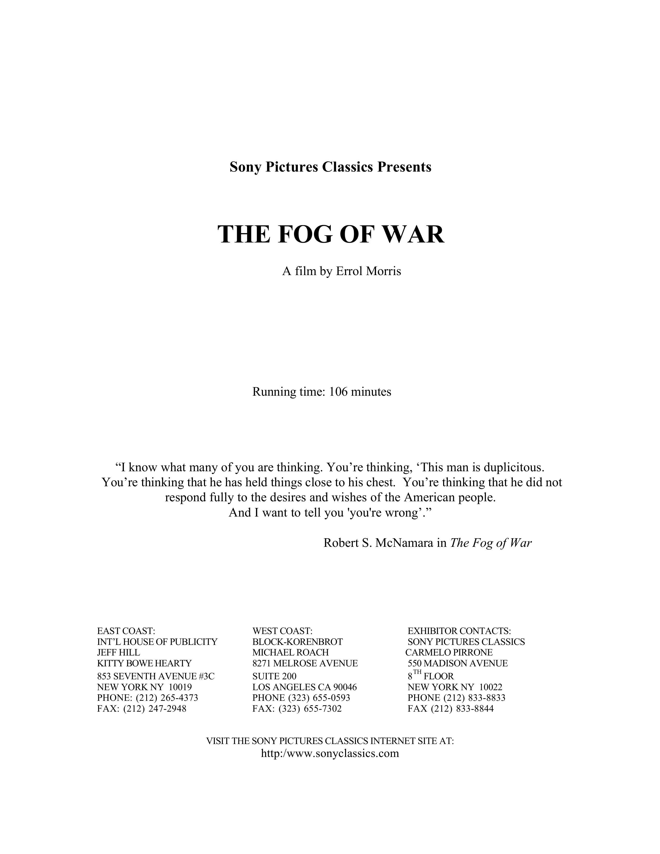 Documentary Filmmakers Errol Morris The Fog of War Biography — page 1
