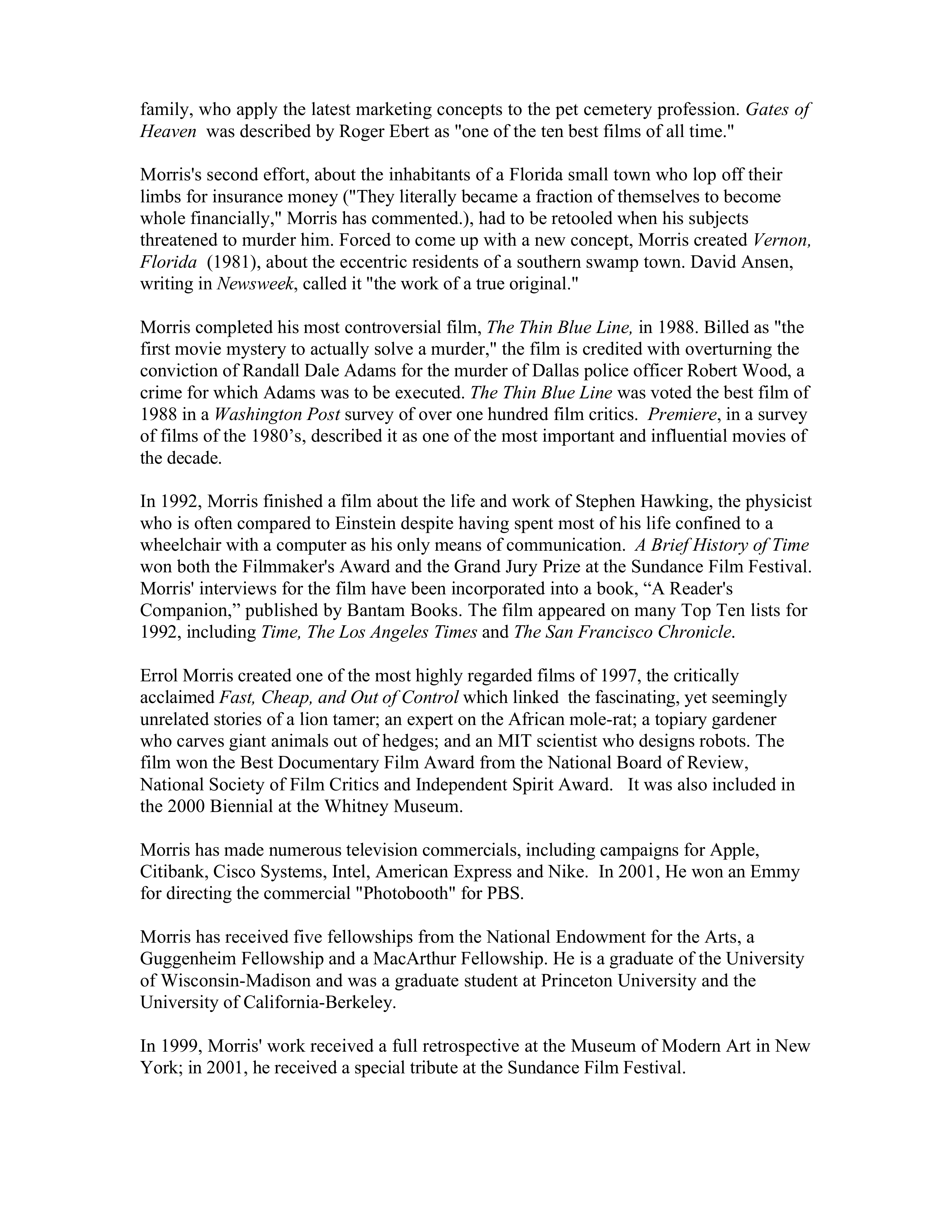 Documentary Filmmakers Errol Morris The Fog of War Biography — page 17