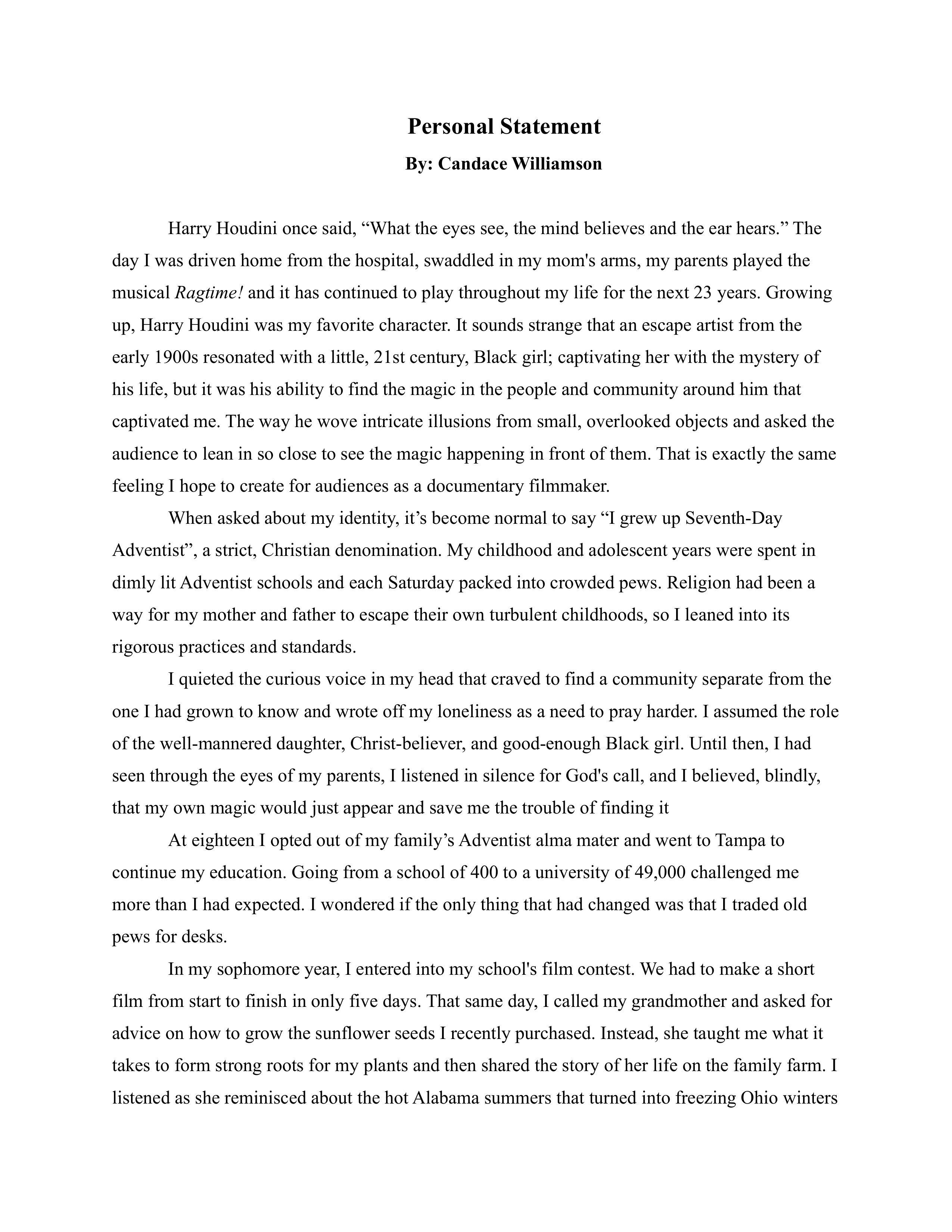 Documentary Filmmaking Personal Statement — page 1