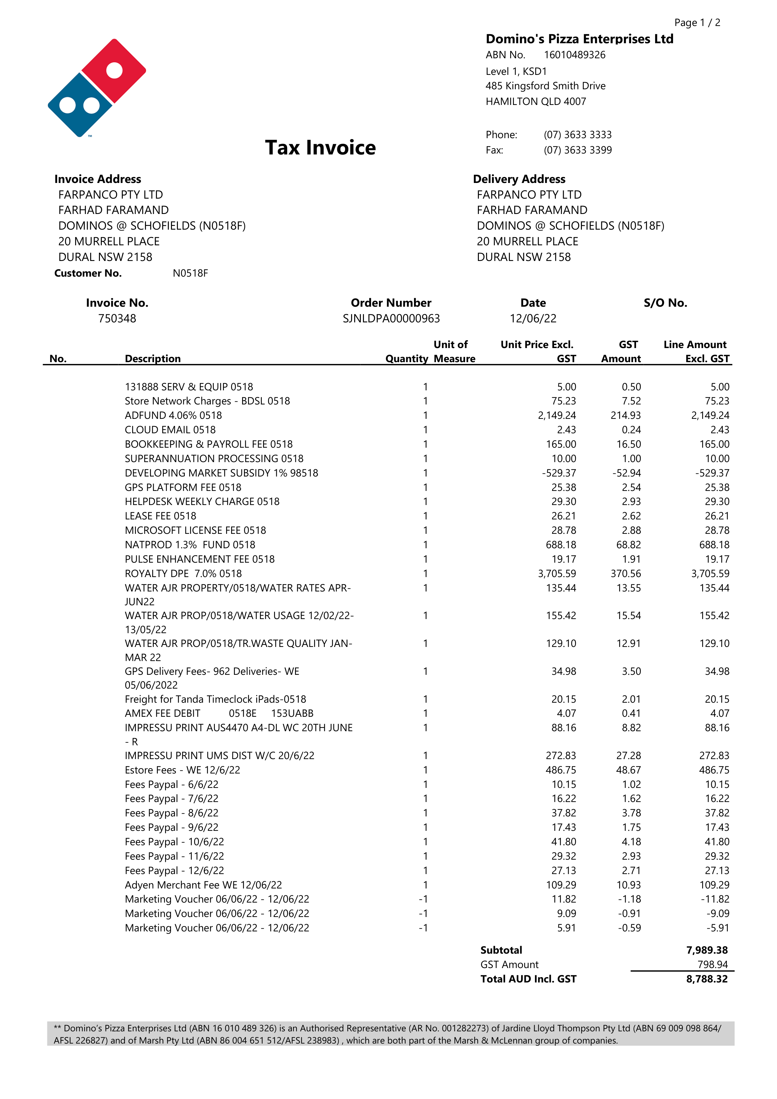 Domino's Franchise Tax Invoice — page 1
