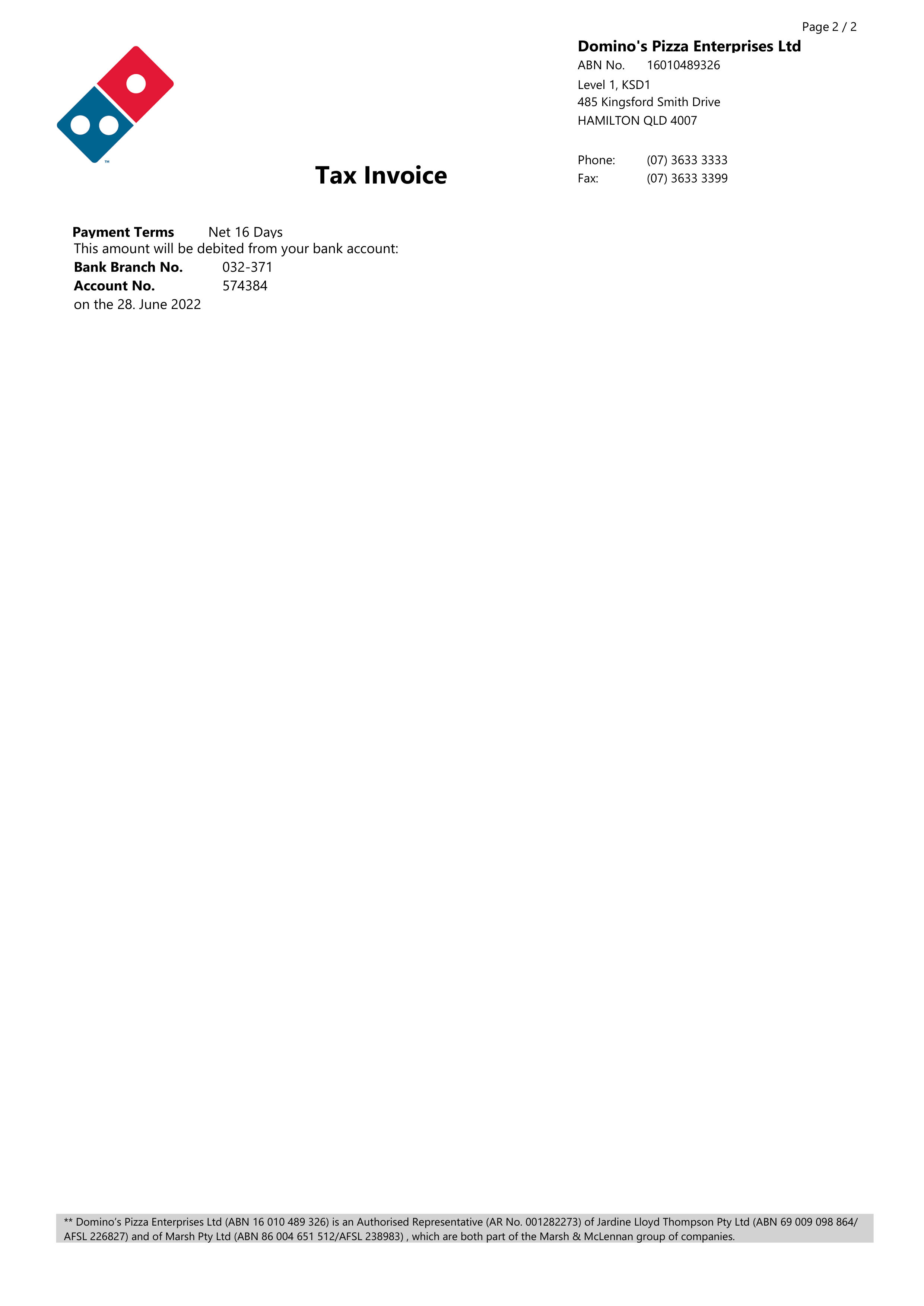Domino's Franchise Tax Invoice — page 2