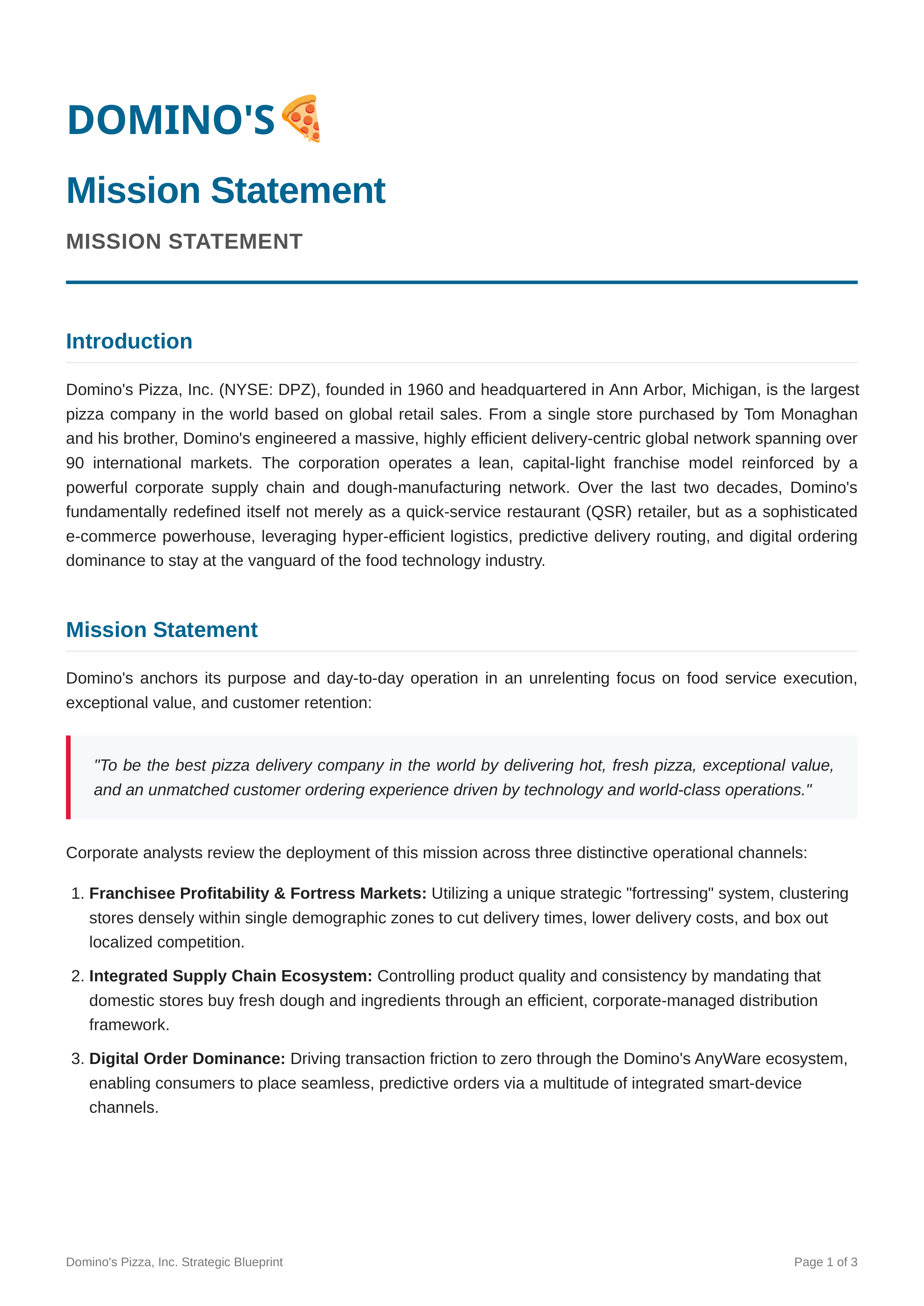 Dominos Pizza Mission Statement — page 1