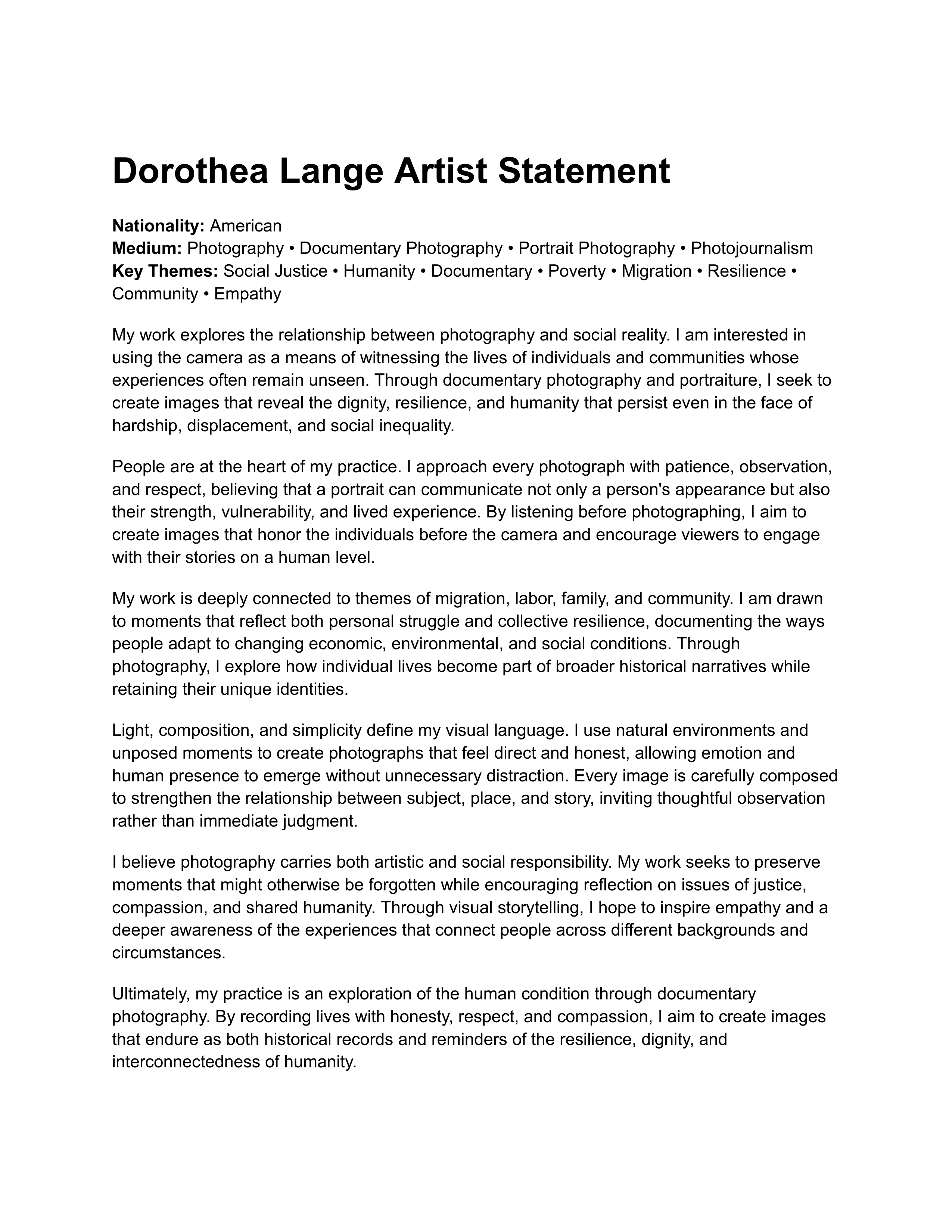 Dorothea Lange Artist Statement — page 1