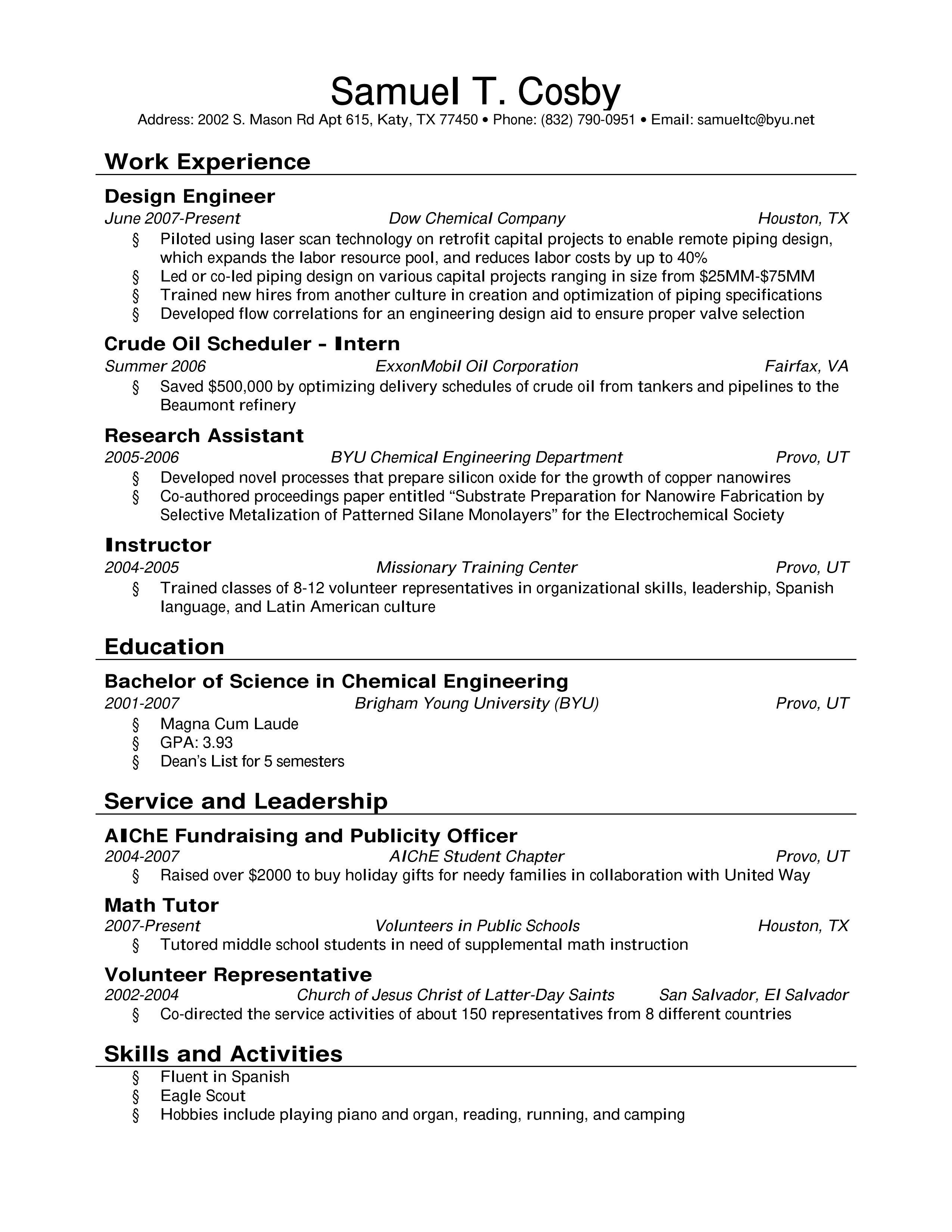 Dow Design Engineer Resume — page 1