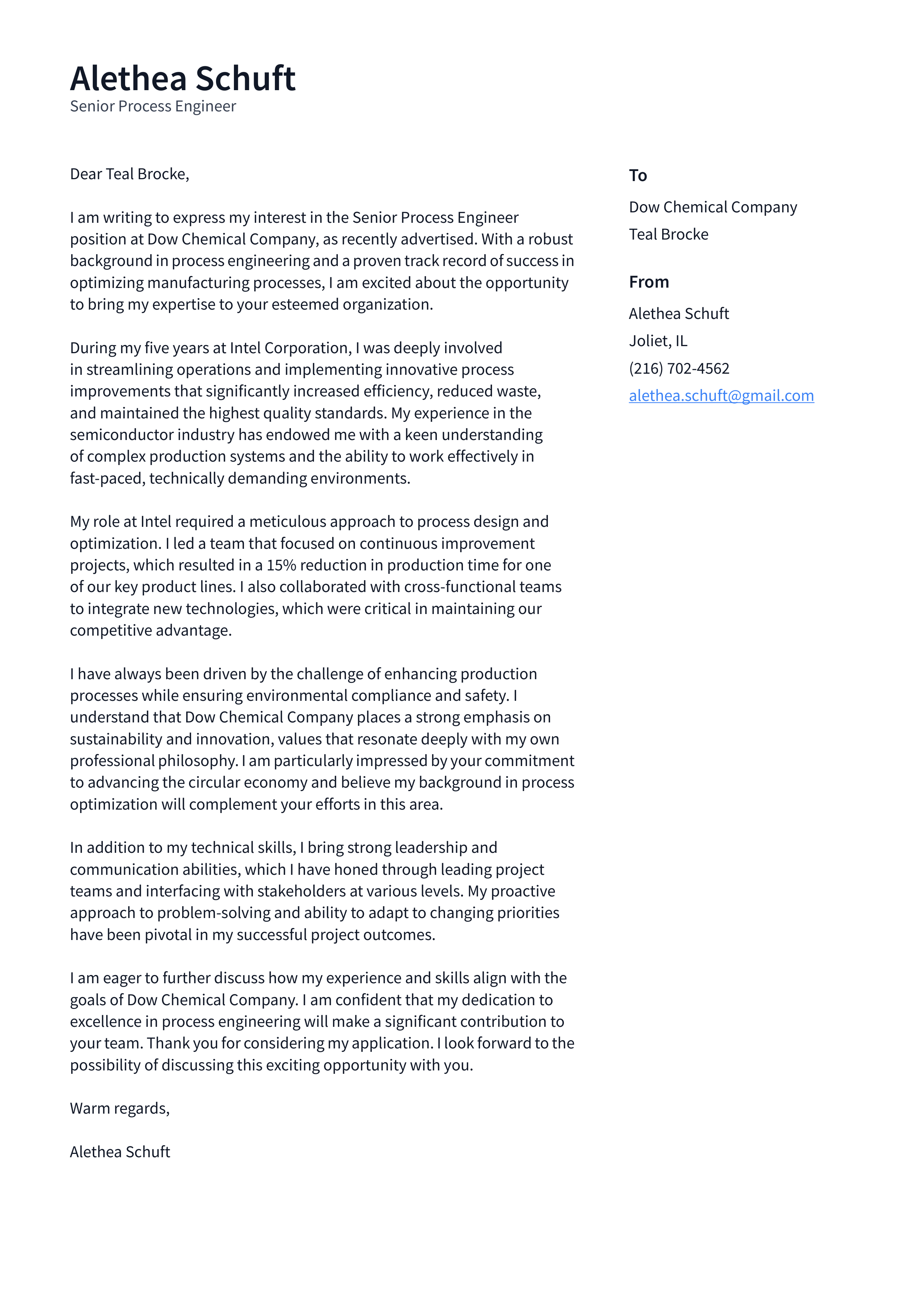 Dow Process Engineer Cover Letter — page 1