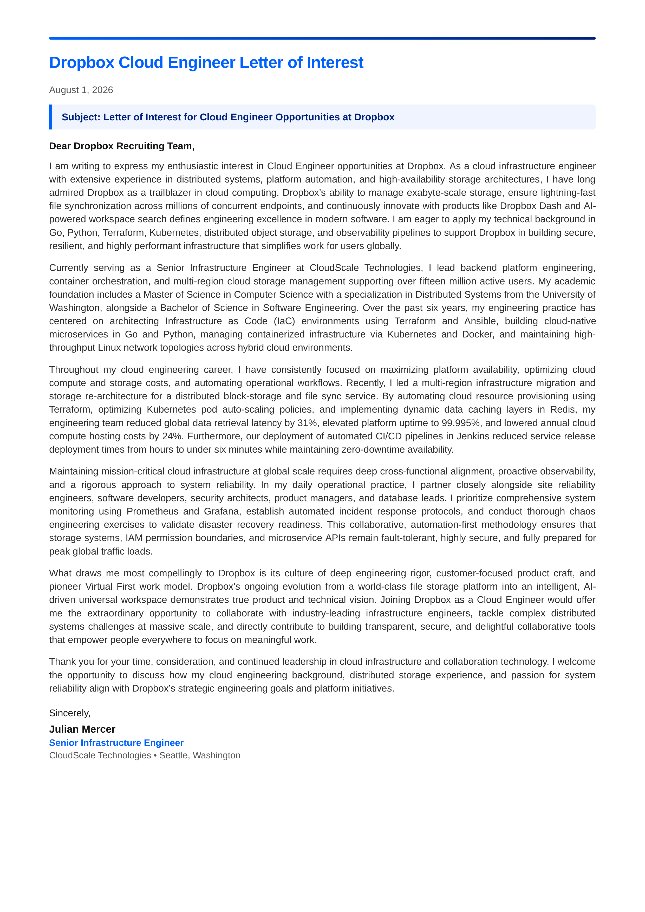 Dropbox Cloud Engineer Letter of Interest — page 1