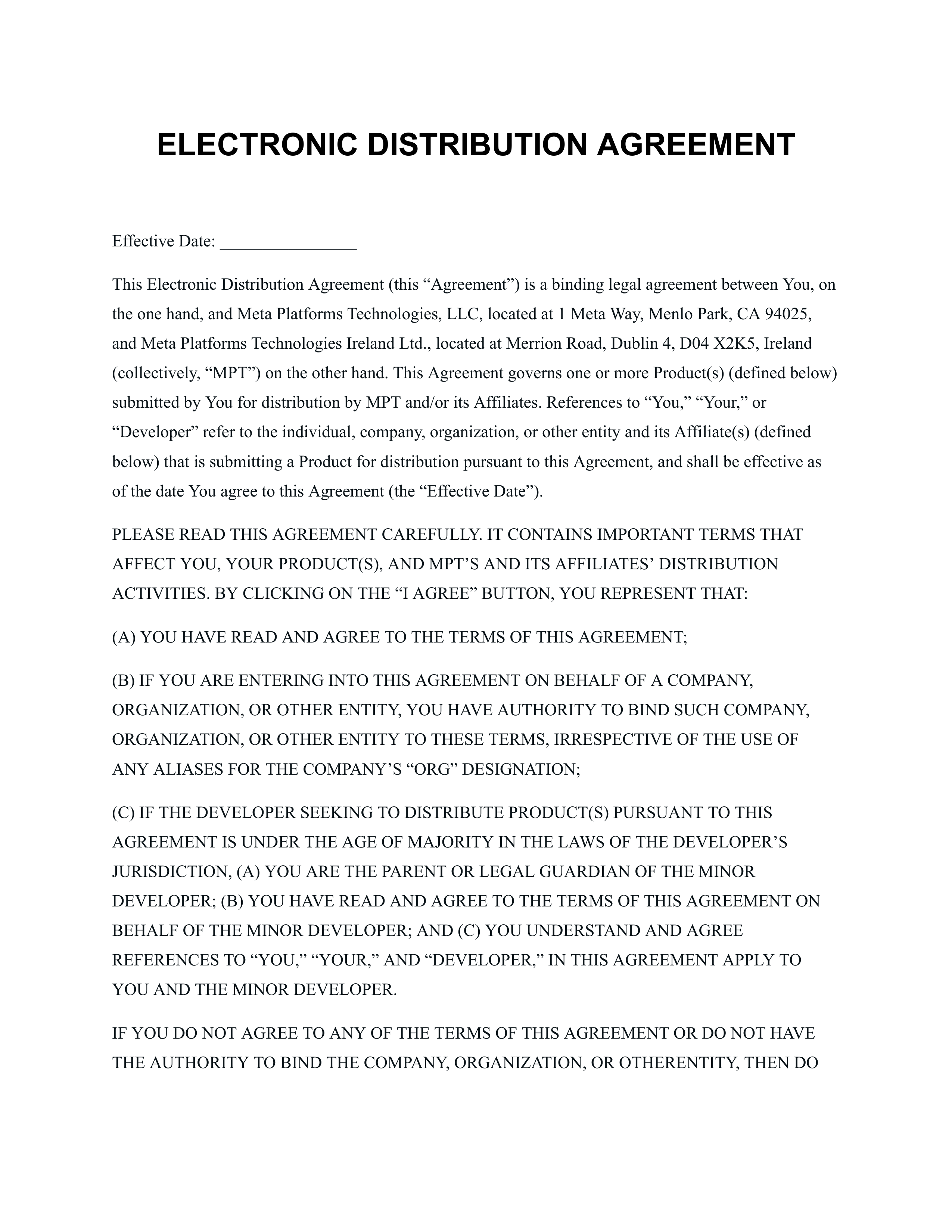 Meta Electronic Developer Distribution Agreement — page 1