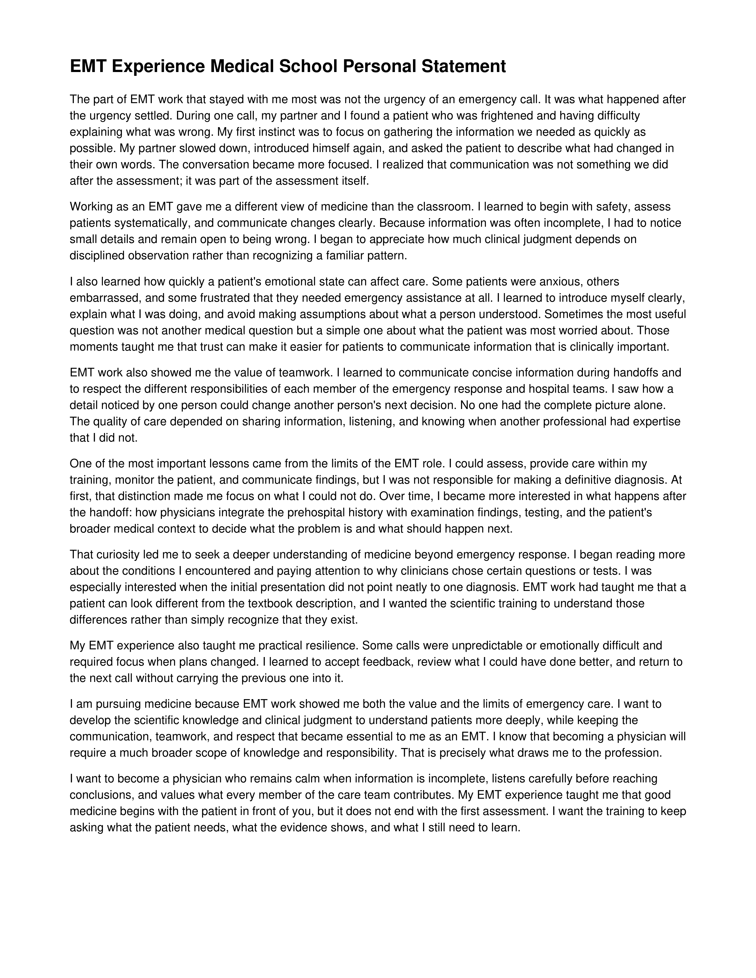 EMT Experience Medical School Personal Statement — page 1